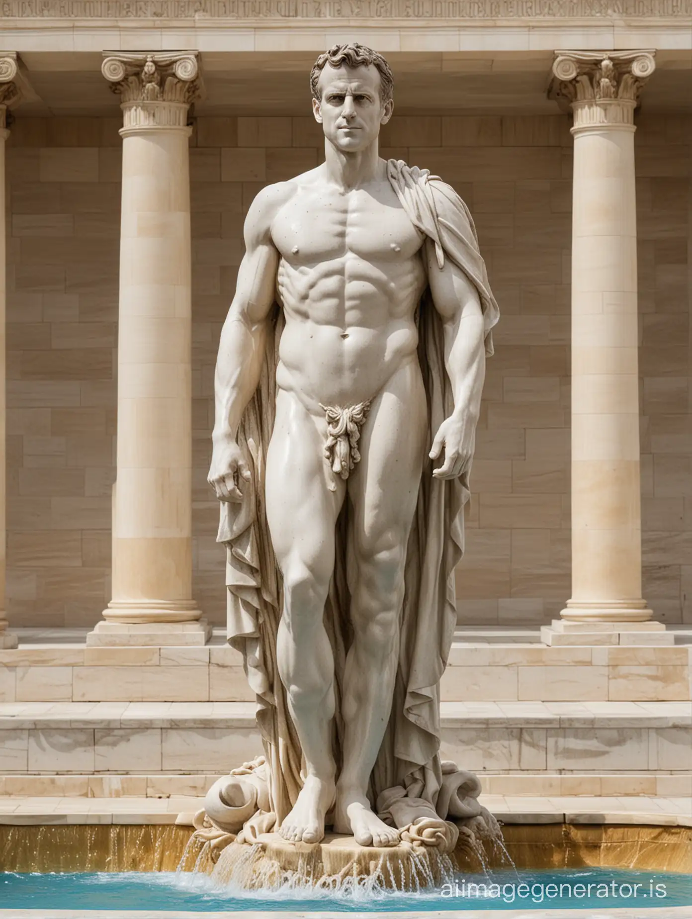 emmanuel macron in fountain Greek statue