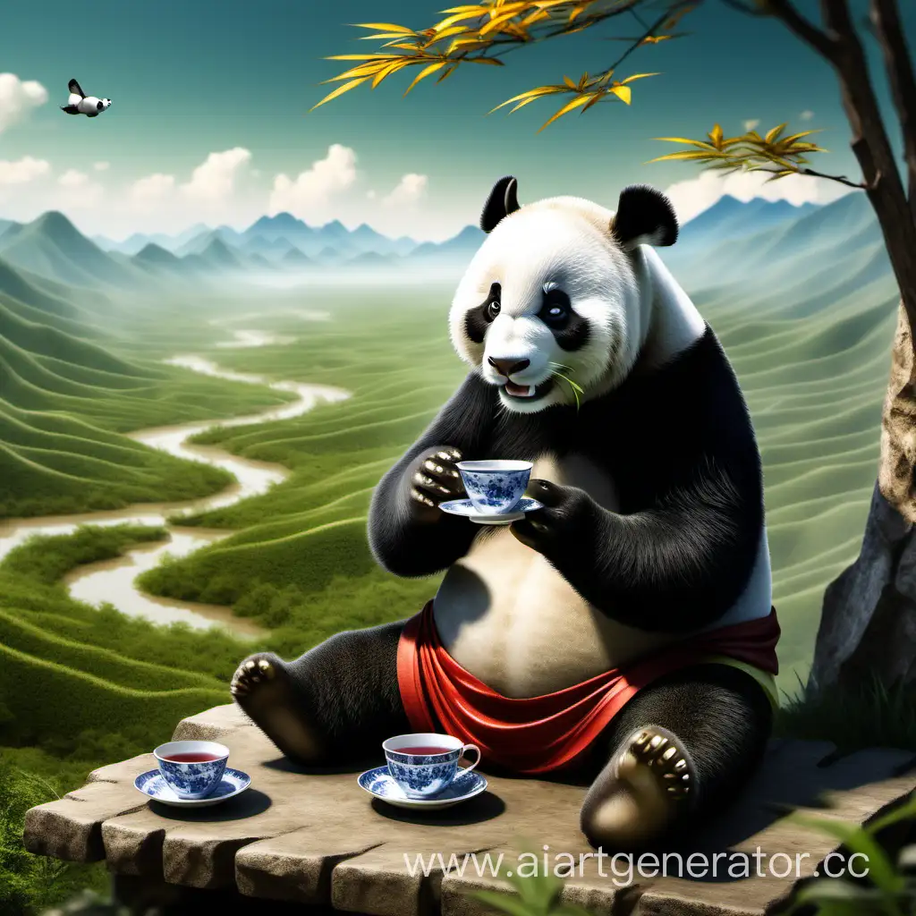 Панда пьет чай на Великой Китайской равнине