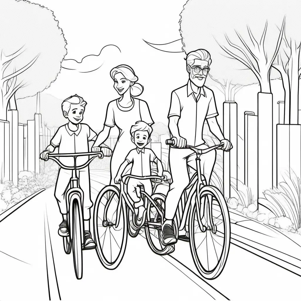 Disney style drawing of  A  mother with white hair and white clothes and a young  father with white hair, white beard and white clothes priding bicycles with a young boy and another young boy with white hair and white clothes riding bicycles. Minimalist black and white line art for children's colouring book