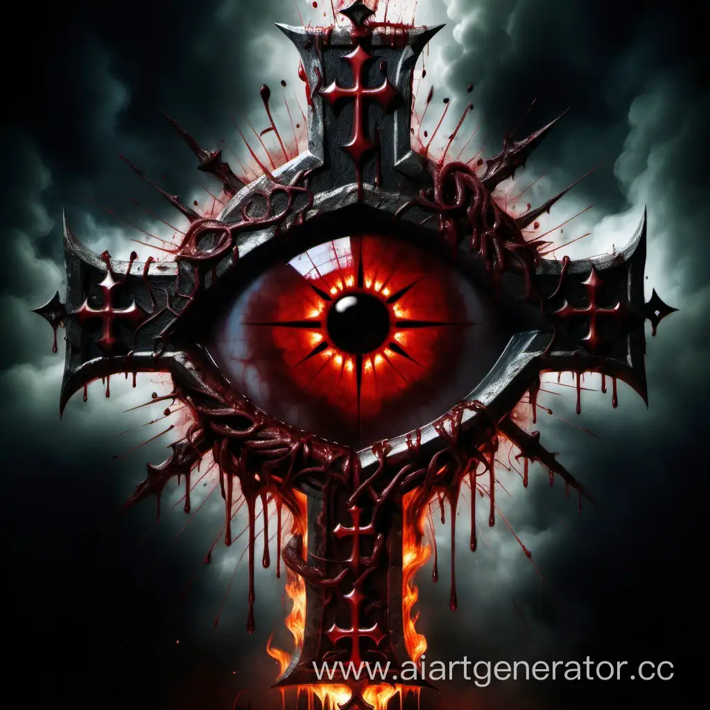 Blood cross, inside the cross in the center is a fiery demonic eye.