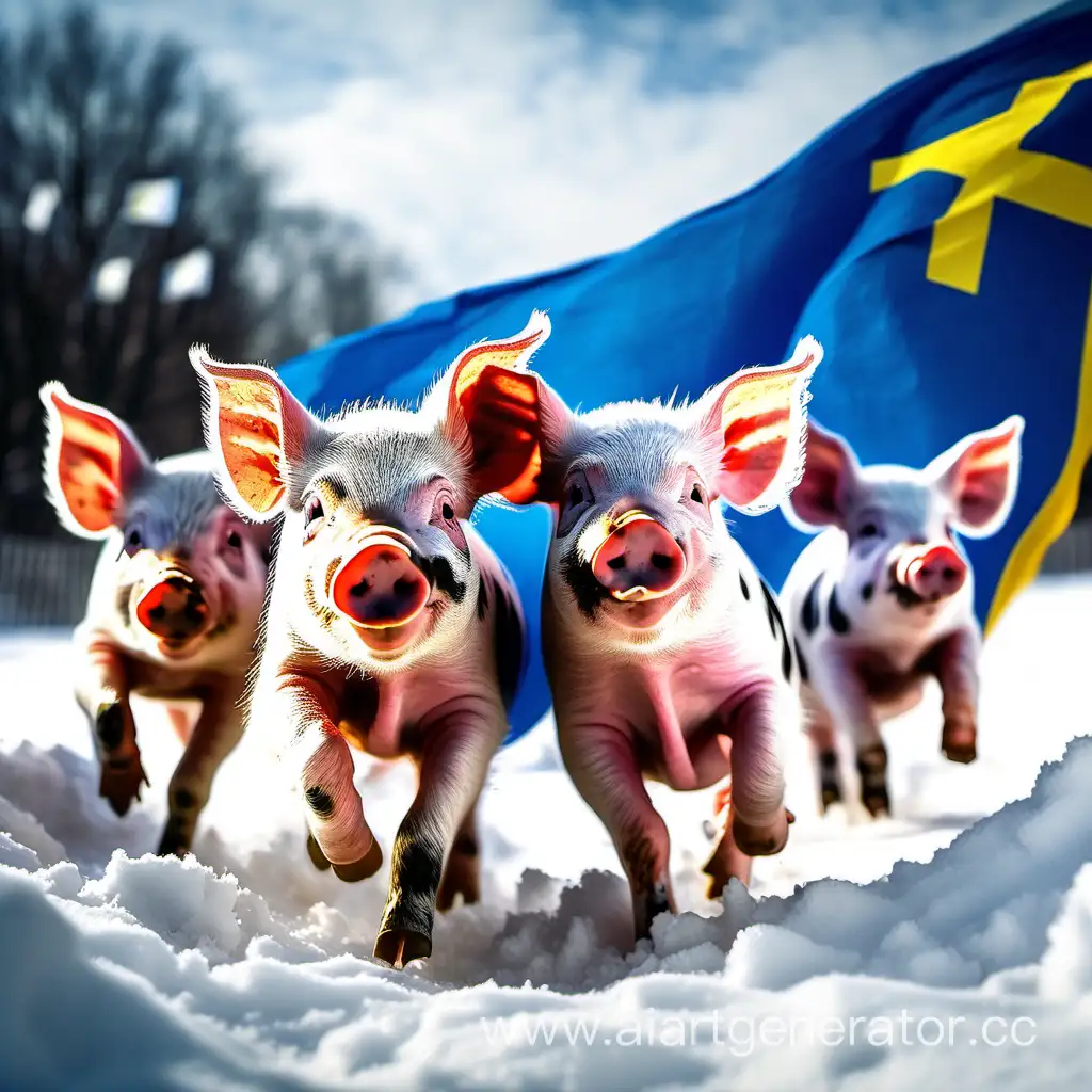 Милые поросята на фоне флага Украины, которые едят снег и бегут