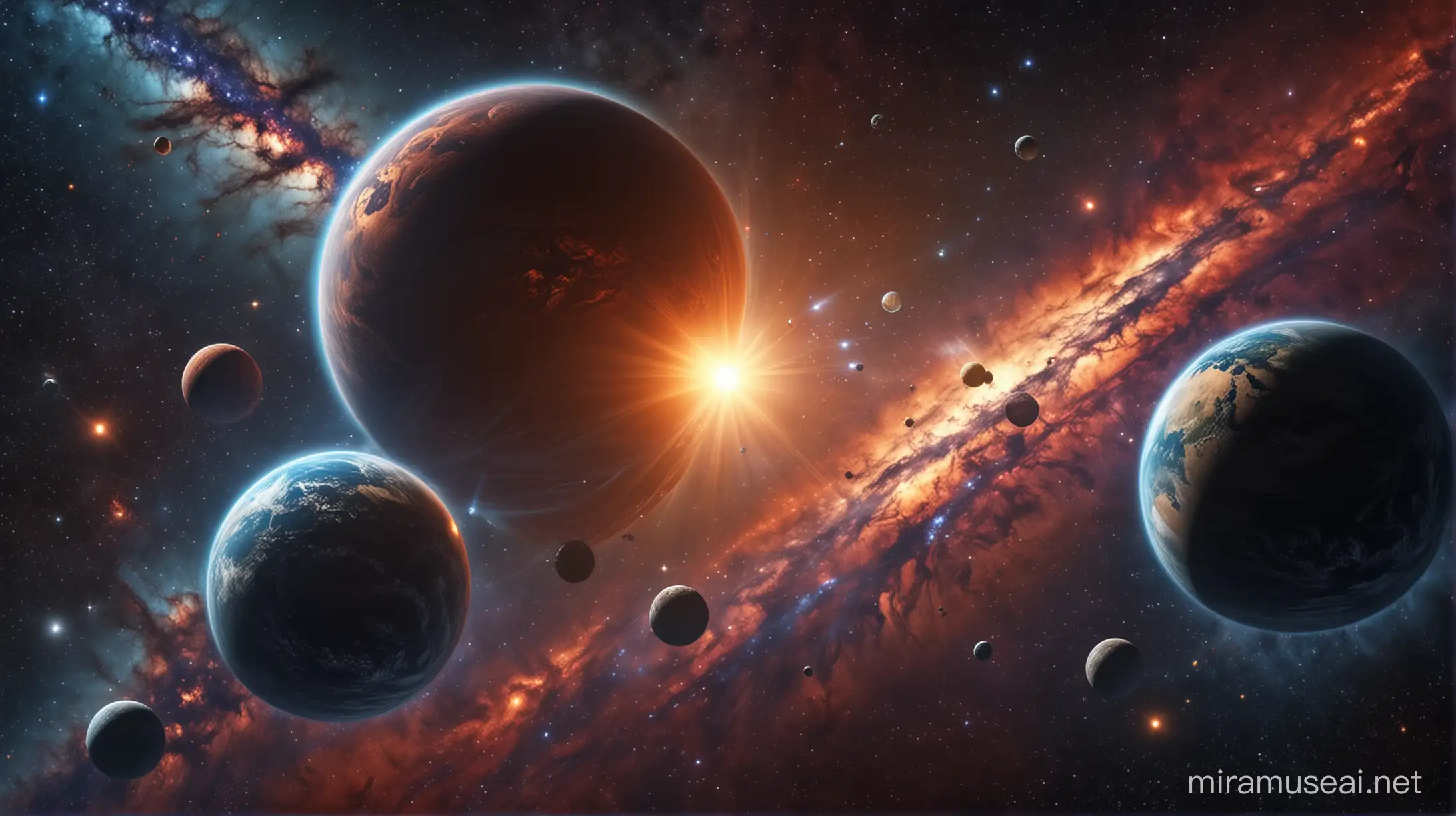 Image of beautiful Earth-like exoplanets with beautiful cosmic background.
