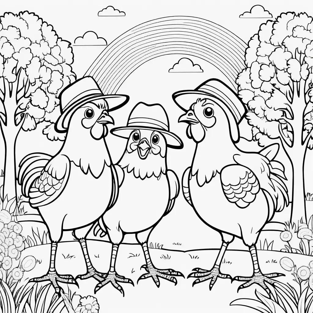 Coloring Page Cartoon Chickens in Cowboy Hats with Rainbow Trees and Bees