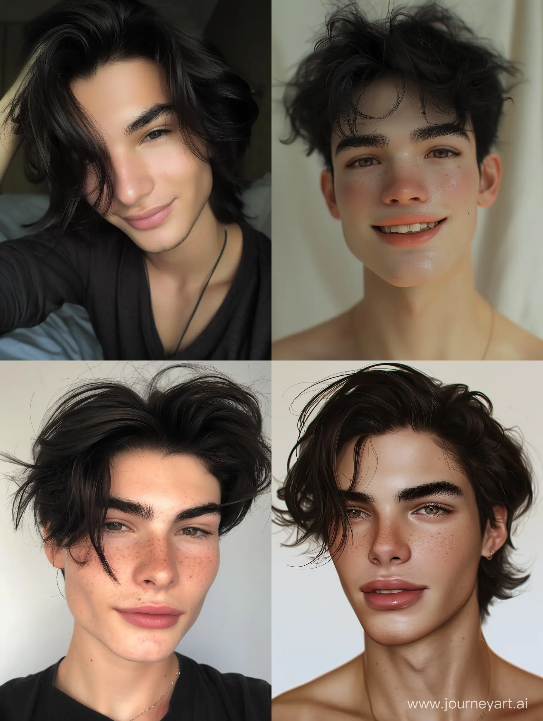 18 Years old american guy. Selfie. Realistic. Detailed face. Beautiful Face. Brunette, Black Eyes. Pure face. Black Hairs. Jewish - American guy. American style. Smiling Emotions. Male make - up. Not gay. 