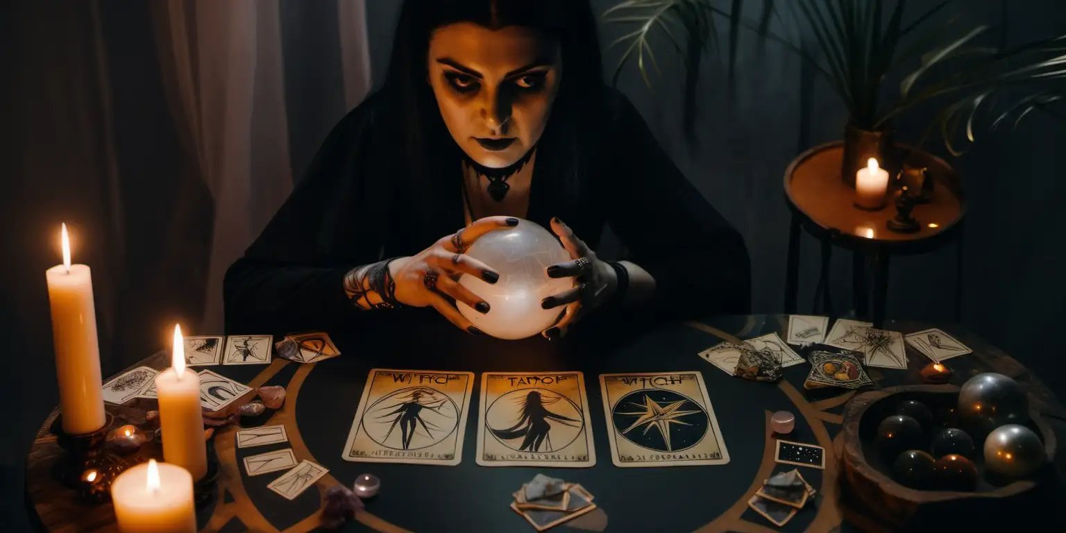 Enchanting Witch Reading Tarot Cards with Crystal Ball and Palmistry