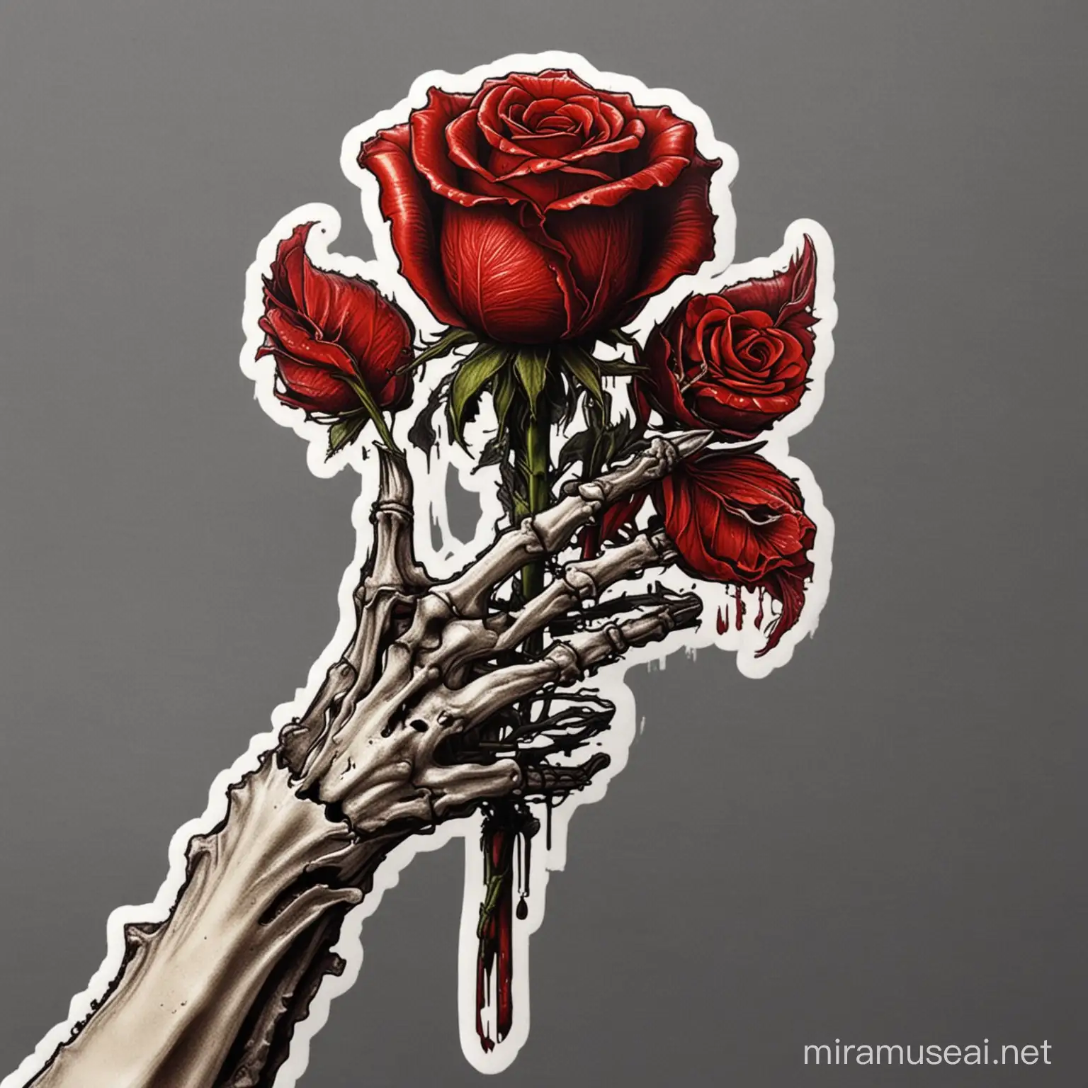 Create a sticker of  Skeleton hand offering a red rose, horror, detailed skeletal features, gothic style, high quality, 