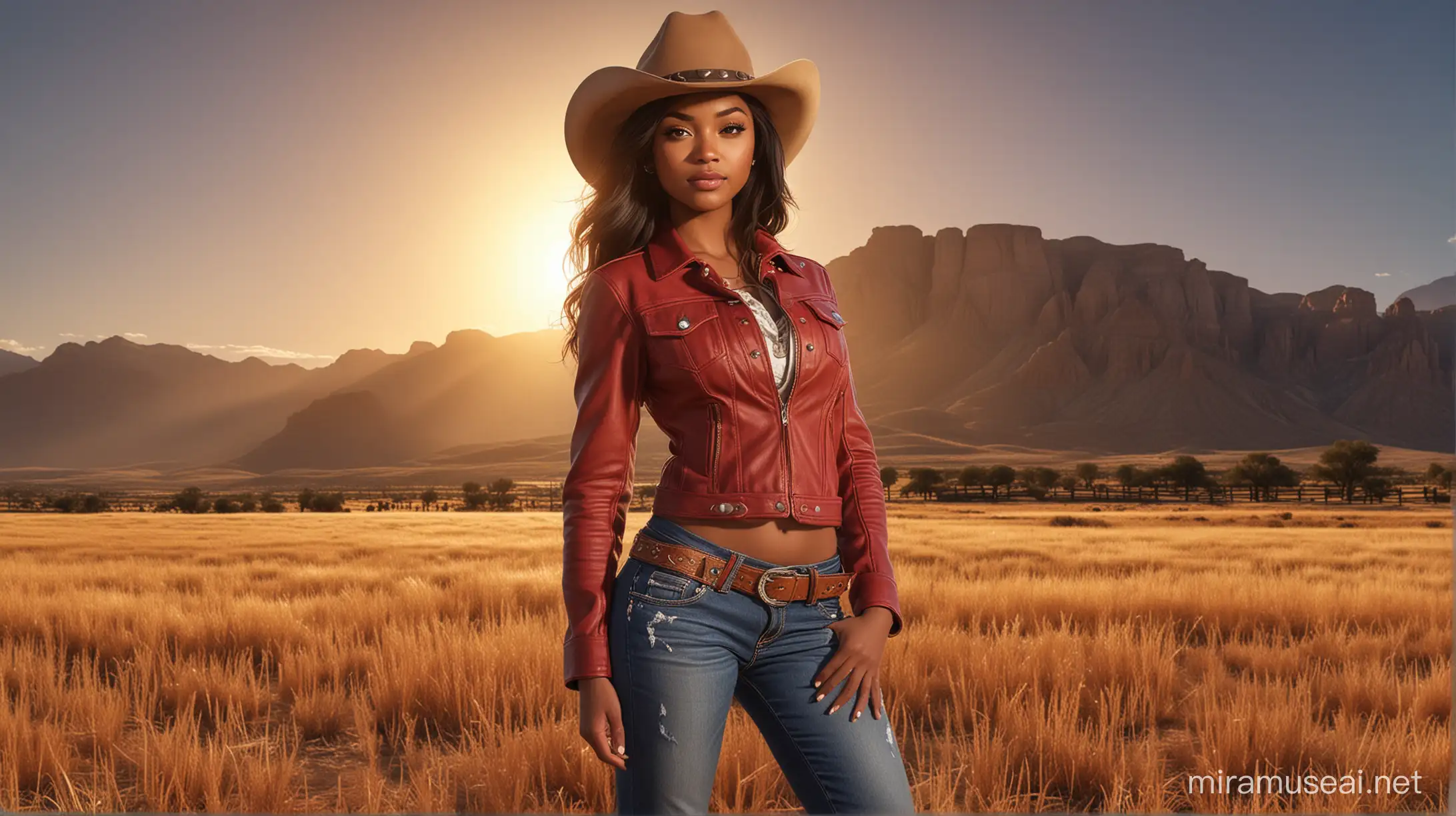 Confident African American Cowgirl at Sunset HyperRealistic Chibi Style Portrait