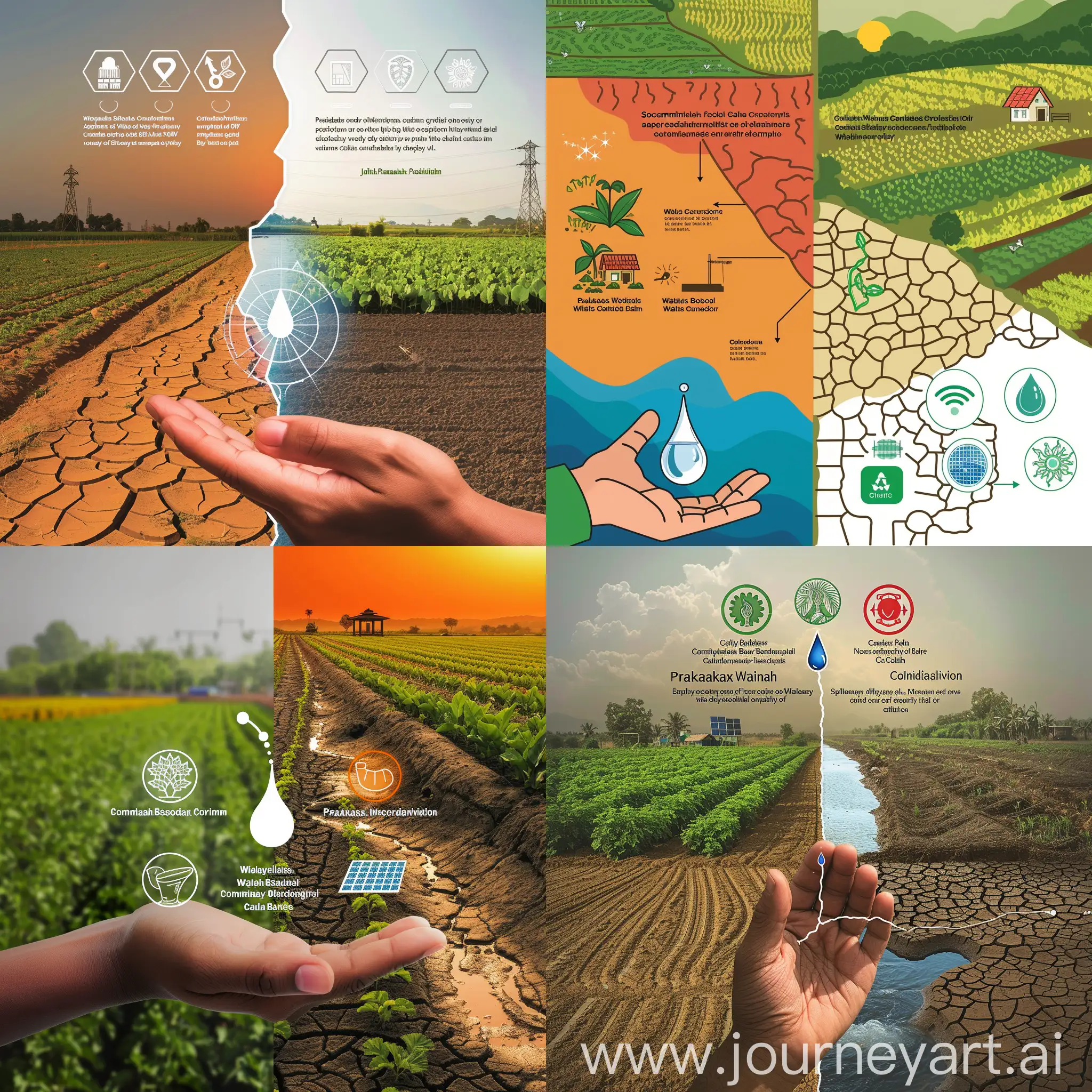 Background: A split image with one side depicting lush farmland and the other a dry, cracked landscape. Center: A hand cradling a single drop of water. Icons representing solutions: A small community well. A farmer using a drip irrigation system. A solar panel powering a water treatment plant.Text:  Problem: India faces a water crisis, fueled by unsustainable agricultural practices and mismanagement. (Bullet point) Solution: We need innovative approaches to water management! (Bullet point) Social Innovation:  Community-Based Organizations (CBOs): Empowering communities to manage water resources through: Traditional water harvesting techniques: Reviving ancient knowledge like rooftop rainwater harvesting and traditional wells. Water literacy programs: Educating communities about sustainable water use and conservation. Community monitoring and management: Enabling communities to have a say in water resource management and hold authorities accountable. Example:  Prakash Foundation: A CBO working in rural India by: Building rainwater harvesting structures in villages. Promoting water conservation practices among farmers. Establishing village water committees for decision-making. Call to Action:  Join the movement! Support CBOs like Prakash Foundation and advocate for sustainable water policies. Together, we can create a water-secure future for India! Note: This digital poster avoids religious themes and incorporates all the required elements, including the chosen social innovation pathway (Community Based Organizations) and an example (Prakash Foundation). It also uses visuals and text to effectively communicate the problem, solution, and call to action.