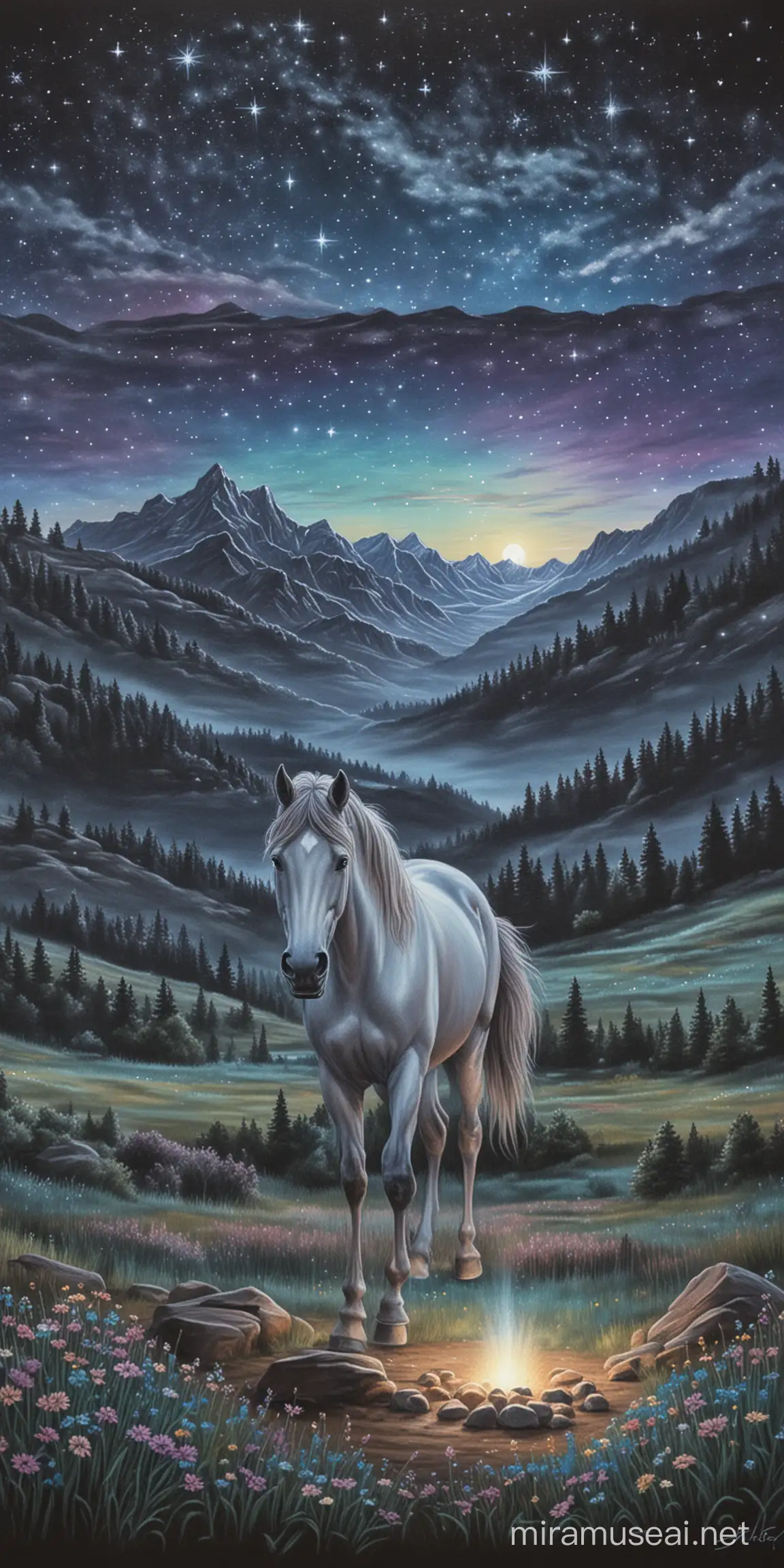 cheval dessin aux pastels image décors cartes art divinatoire art pastels montagne en fond ciel de nuit étoiles brillantes