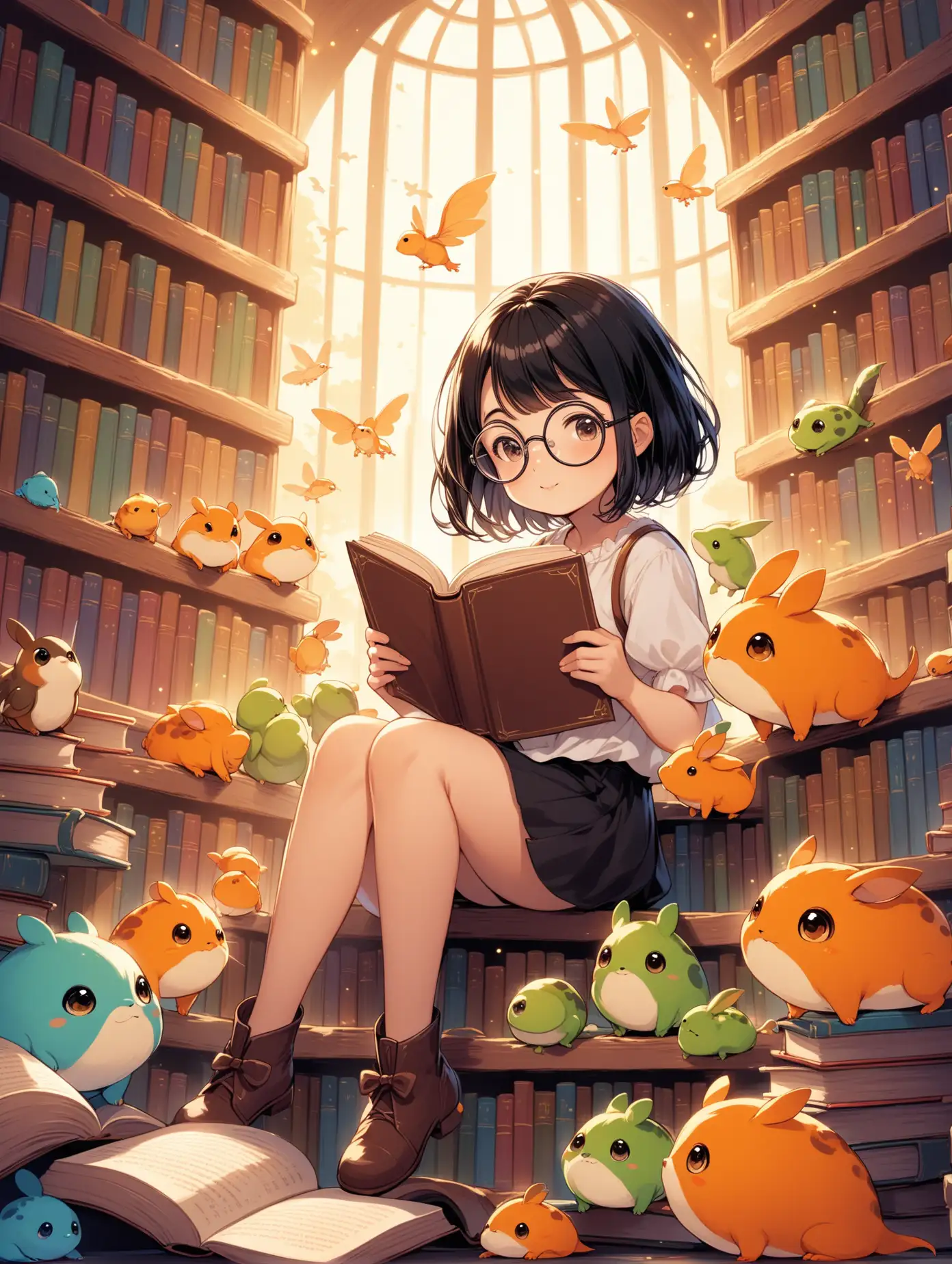 a cute little cartoon girl wearing big round glasses, black short hair, surrounded by little creatures, reading a book, and sitting on different books in a fantasy library