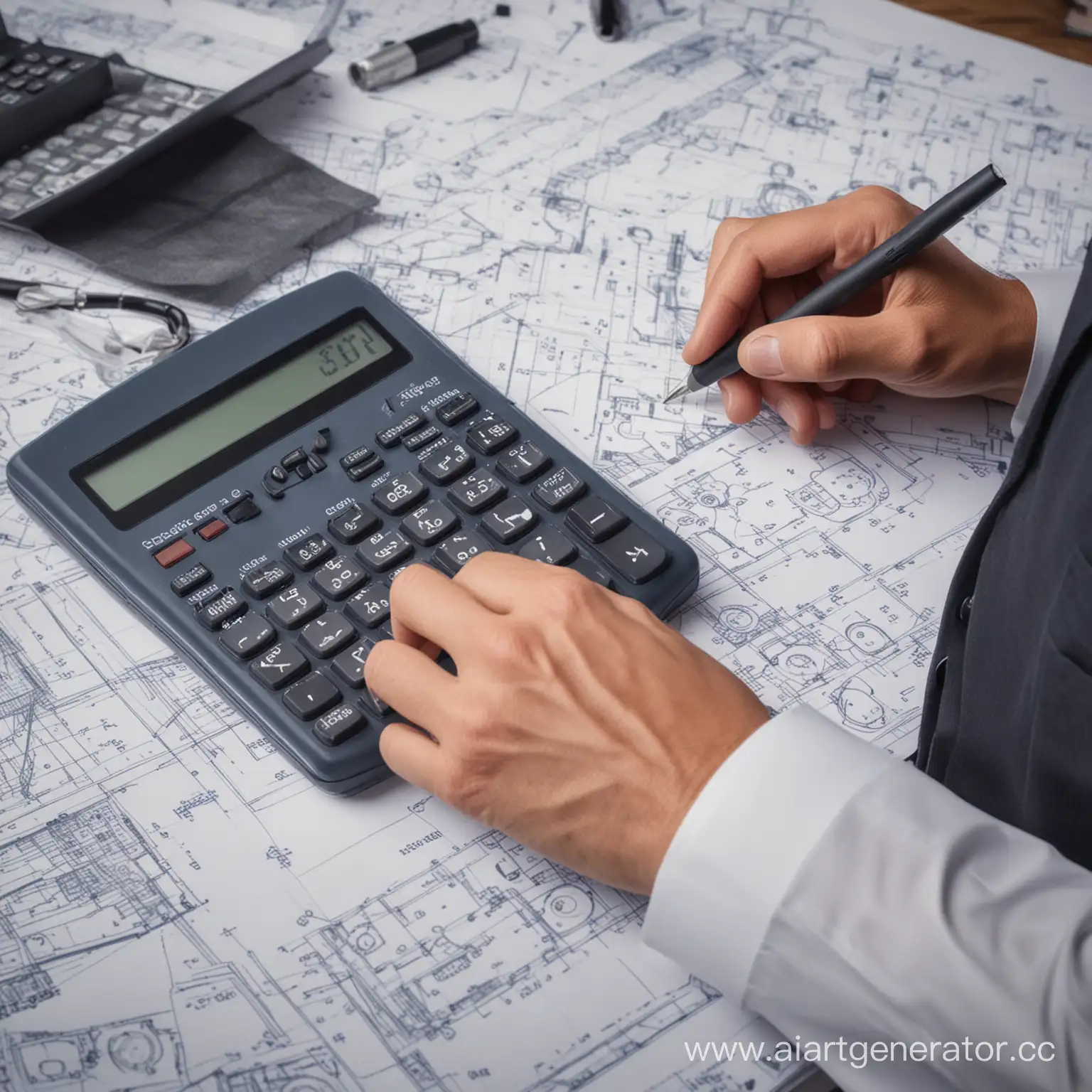 Male-Engineer-Using-Calculator-with-Security-Equipment-on-Blueprint