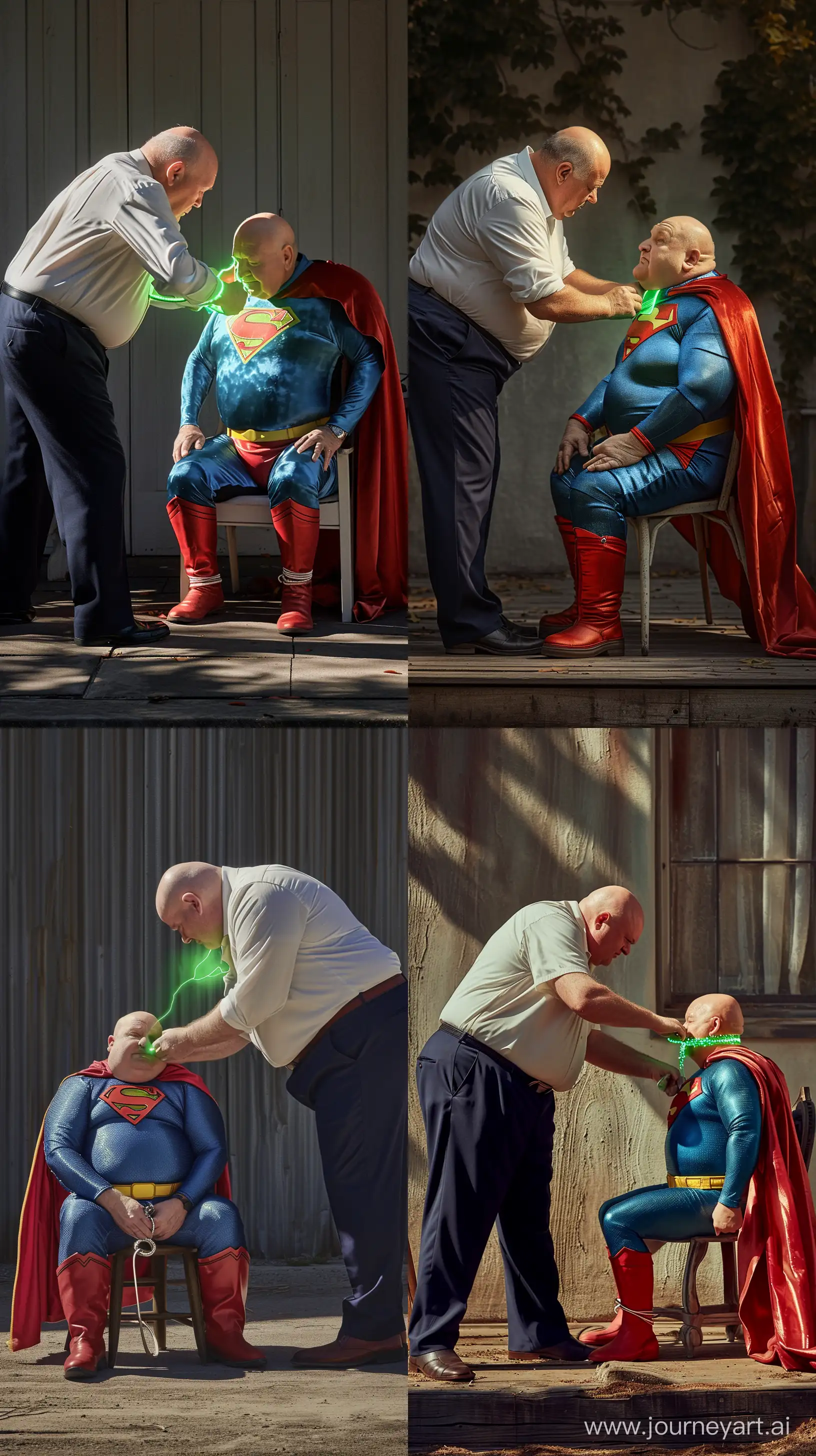 Photo of a chubby man aged 60 wearing navy business pants and a white shirt, bending over and tying a green glowing small short dog collar to the neck of another chubby man aged 60 sitting on a small chair with his hands tied and wearing a silky blue superman costume with a large red cape, red boots, blue shirt, blue pants, yellow belt and red trunks. Outside. Direct Sunlight. Bald. Clean Shaven. --style raw --ar 9:16 --v 6
