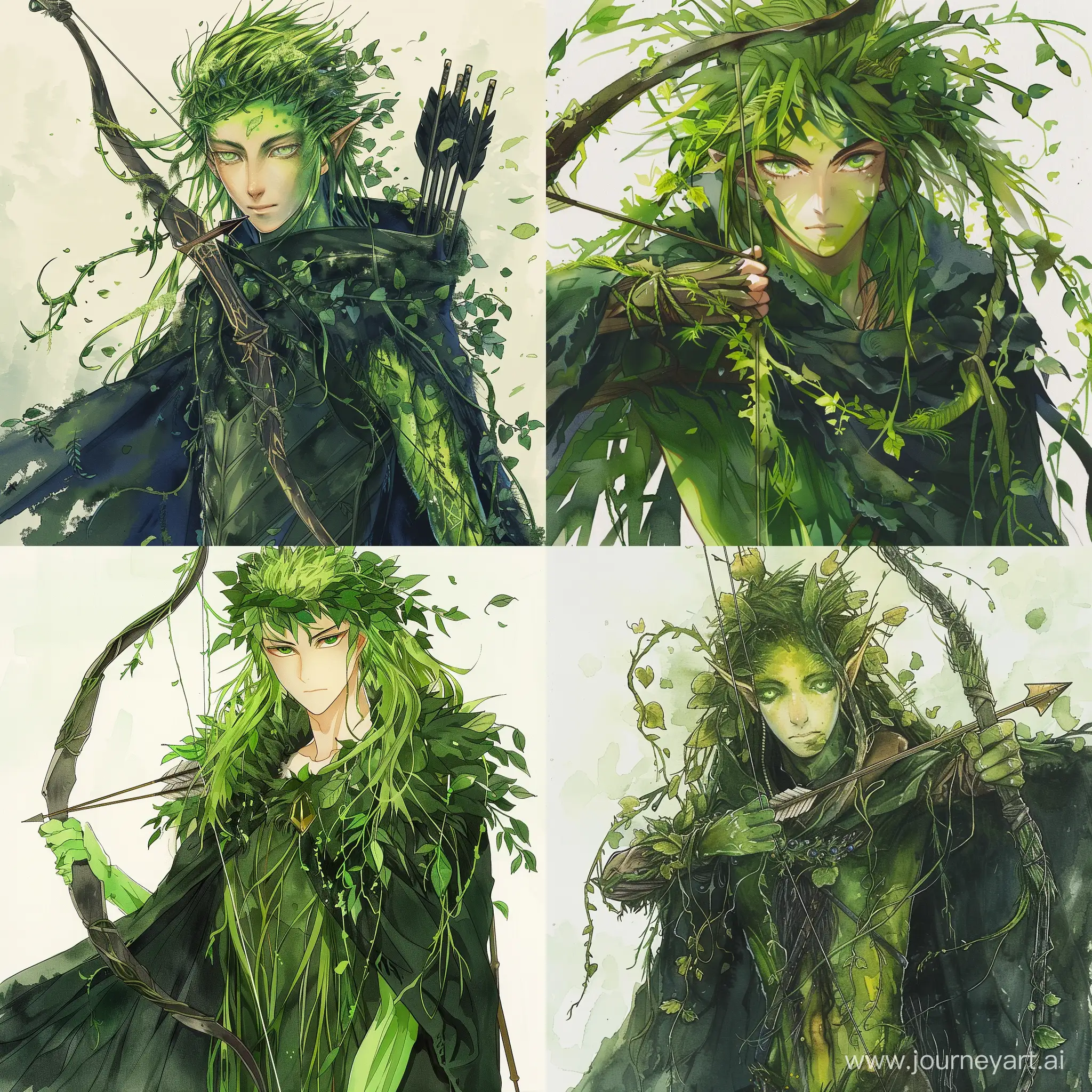 An anime man with lime green skin, emerald eyes and long, luscious dark green hair made of grass wearing a dark green cloak made of leaves and vines holding a bow and arrow, anime, watercolor --v 6 --ar 1:1 --no 23239