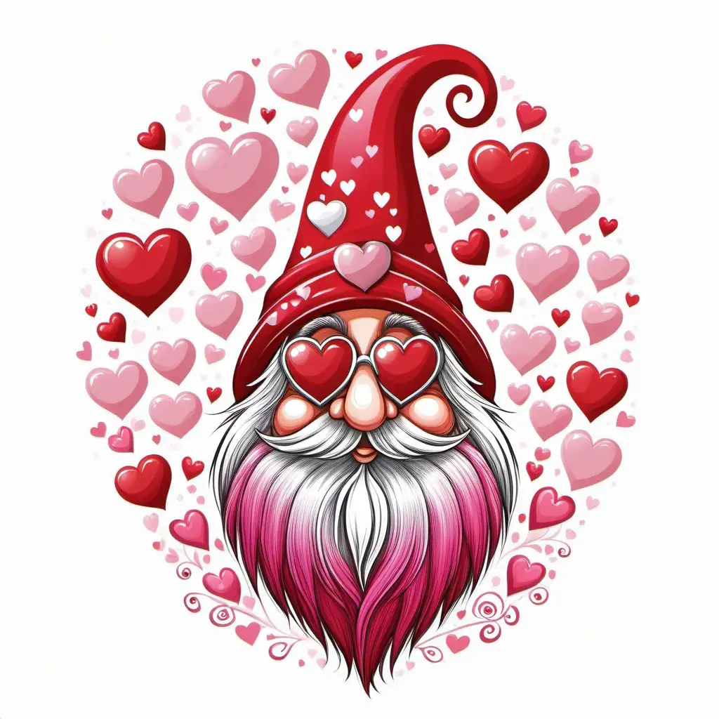 valentine fantasy, whimsical groovy gnome short long beard, big decorated hat covering their eyes,hearts, ,red,pink,white,vector, white 
background 