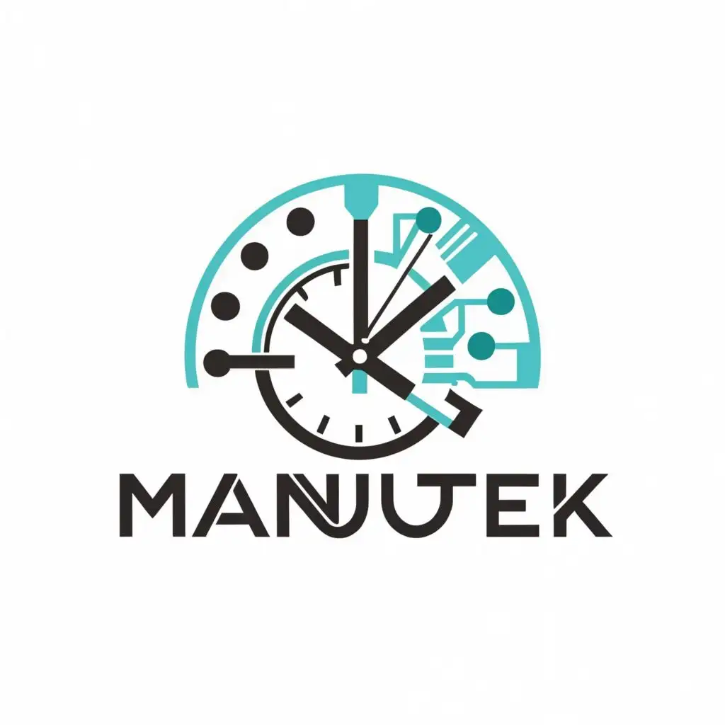 logo, Clock, with the text "MANUTEK", typography, be used in Technology industry