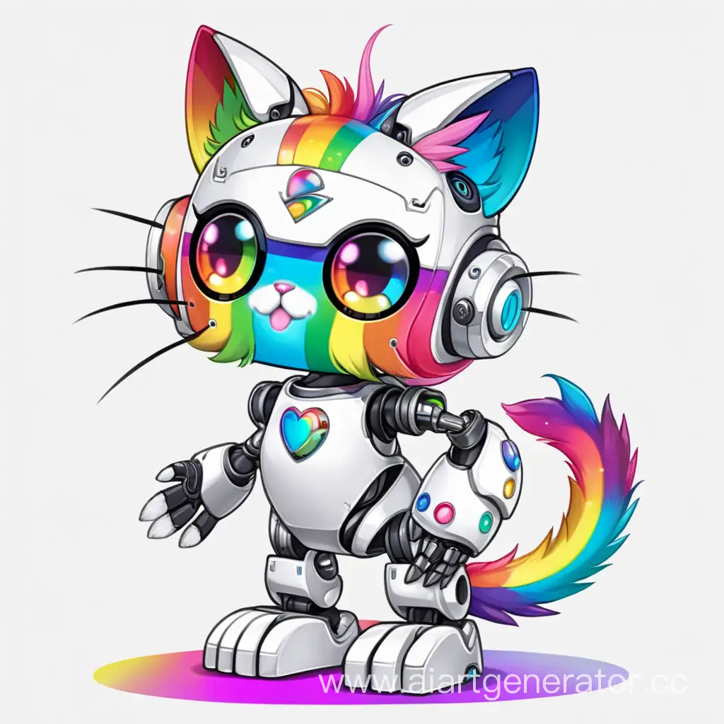 Furry anthropomorphic robot cat cute femboy with rainbow in his design