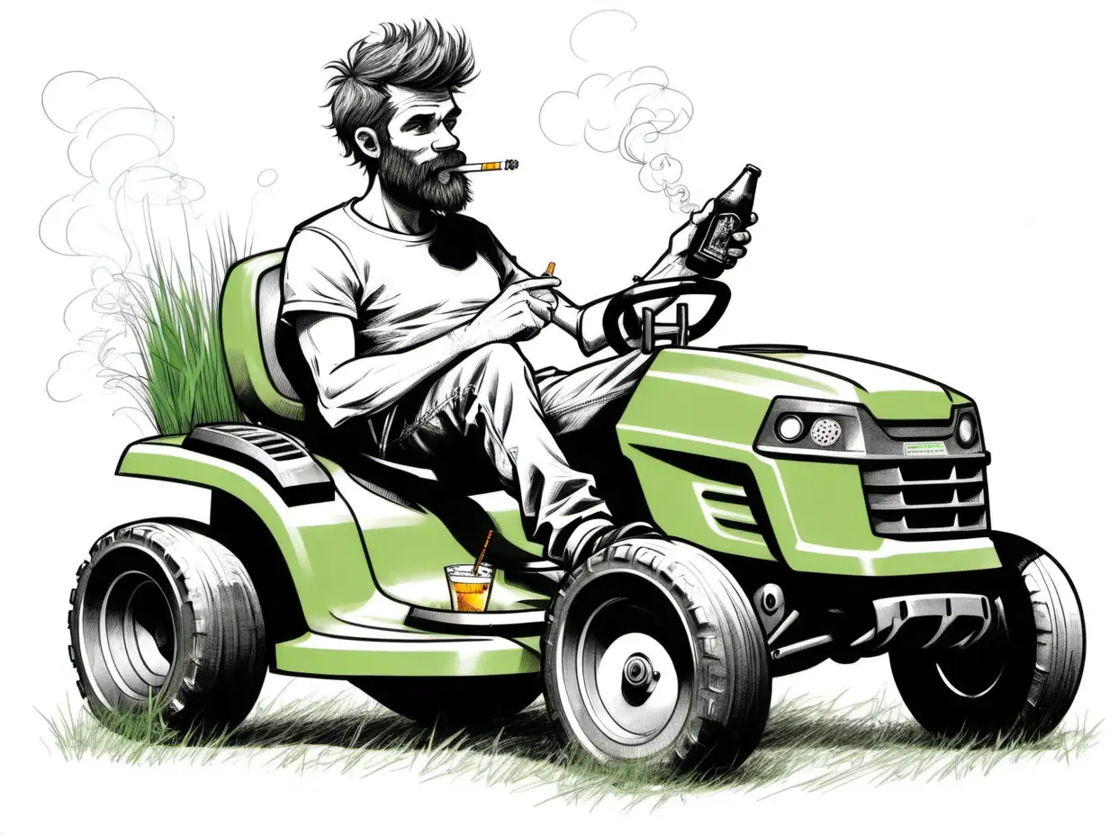 a sketch of a scruffy guy on a riding lawnmower cutting grass, smoking a cigarette and drinking a beer