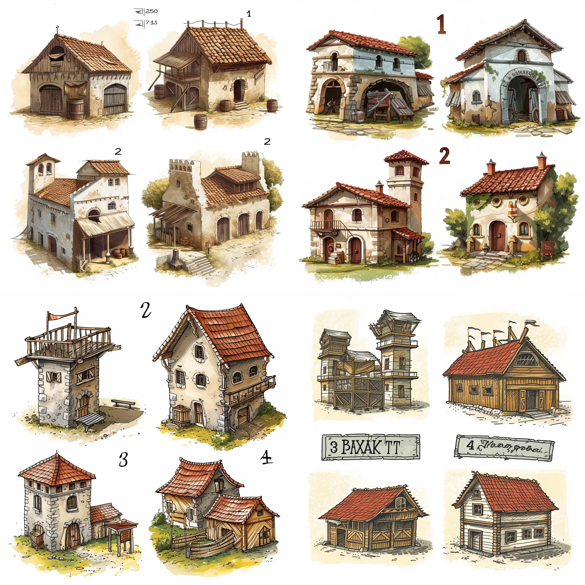 generate 4 assets for the board game: 1 is the barracks, 2 is the main building. 3 - the market. 4 - an ordinary resident's house. Draw everything in the style of hand paint.