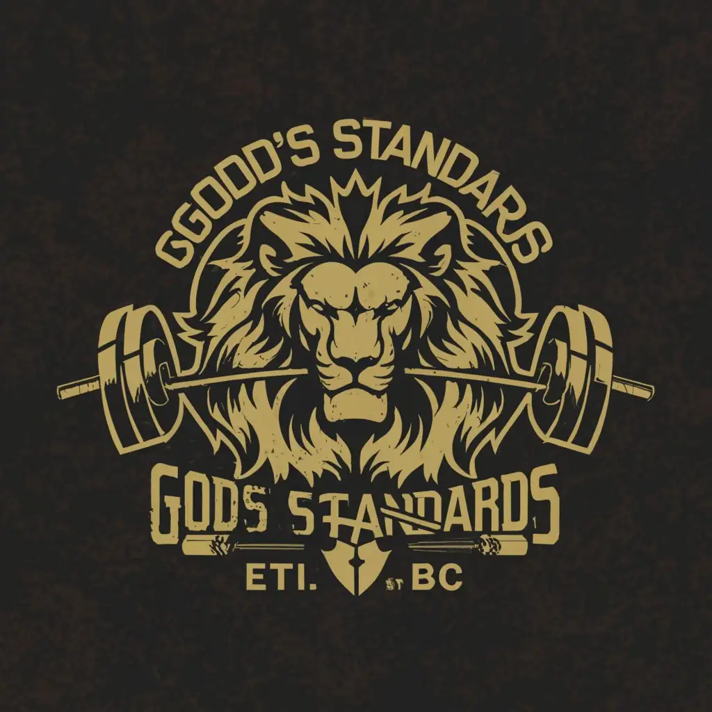 a logo design,with the text 'Gods standards est. 0000 BC', main symbol:Lion and barbell and sword,Moderate,clear background
