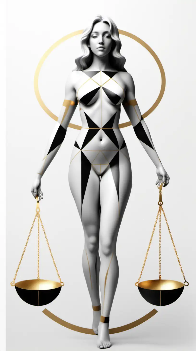   featuring a realistic  [libra zodiac] [a beauty carries libra] [geometric shapes]
[black and white and gold]
white empty background