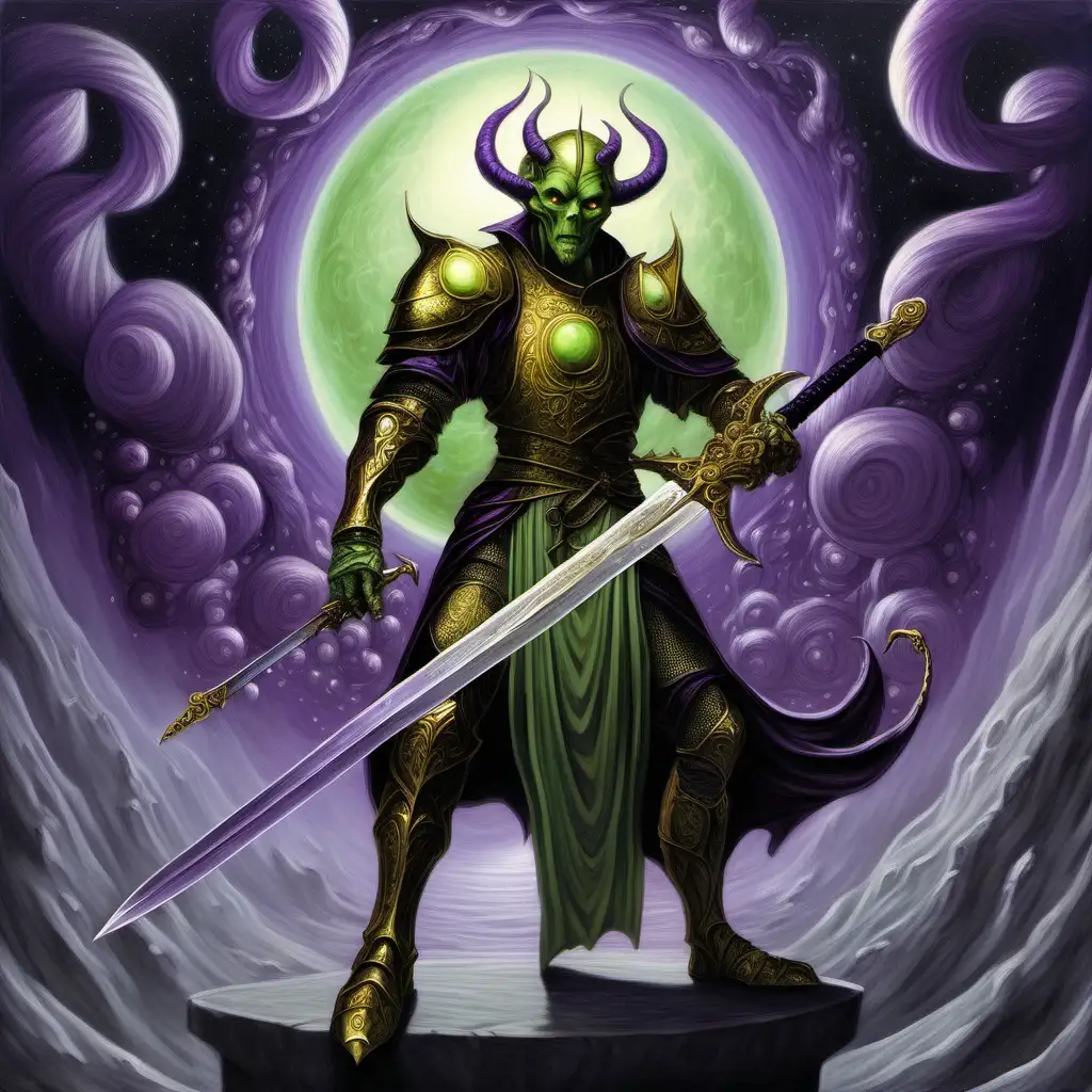 longsword, golden helix hilt, pale green skin demon, gray purple spherical room, night sky, Medieval fantasy painting