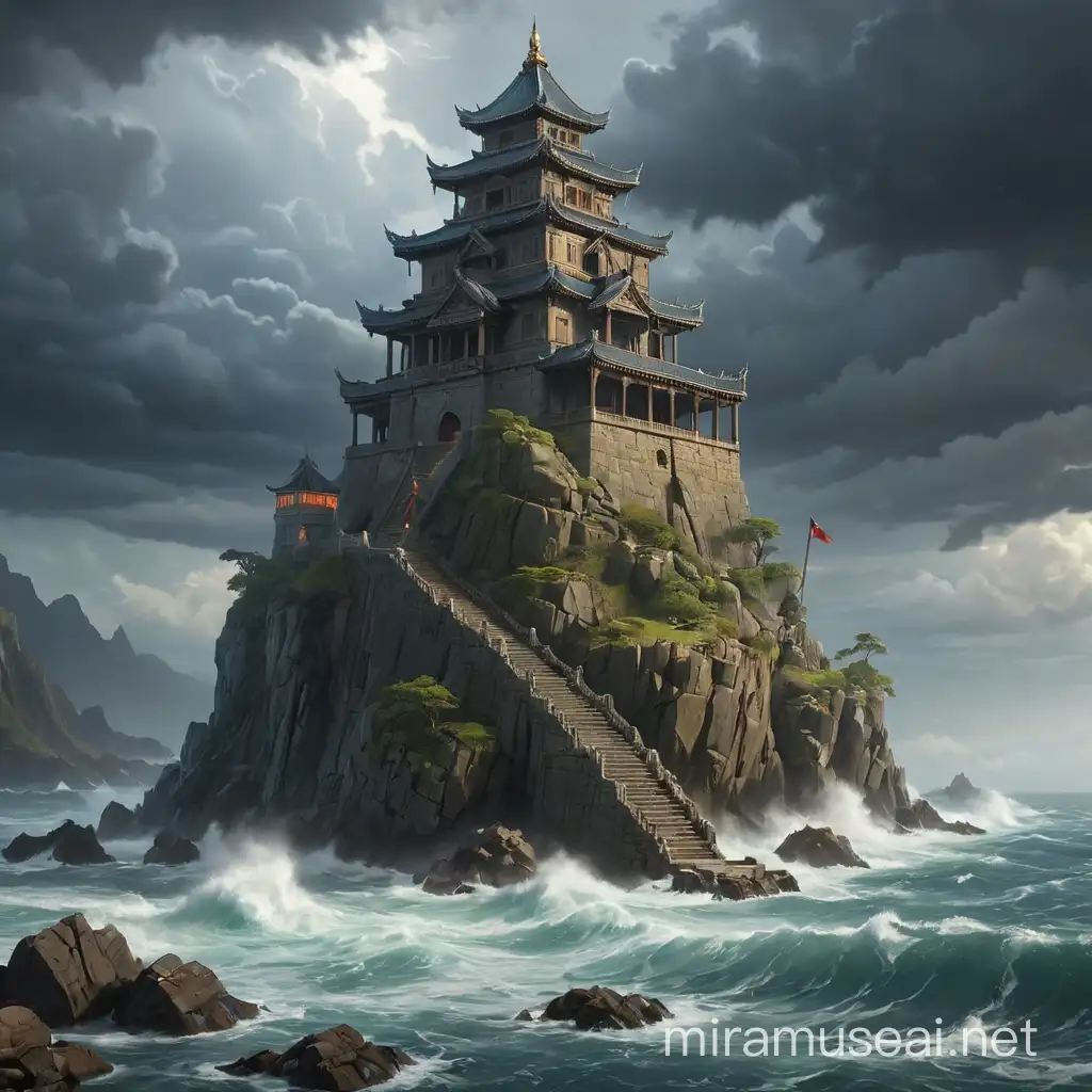 Dungeons and dragons, A majestic assassin temple at the end of long stairs on a lonely rocky island, stormy weather, rough waves,