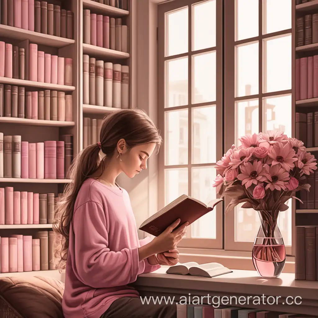 Девушка читает. В руках бокал вина. На фоне книжные полки. Открытое окно. Букет. Коричневые и розовые цвета.