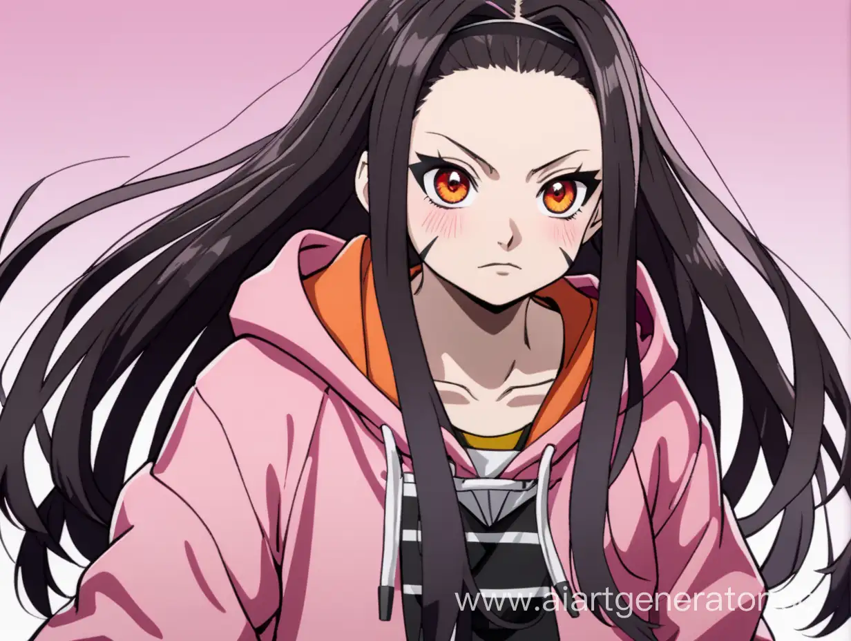 Незуко (Nezuko) из аниме “Кленок: Расцветающий демон” представлена как девушка с темными волосами и ярко-оранжевыми глазами. Она обычно носит характерное демоническое платье, состоящее из светло-розовой кофты с капюшоном и темных брюк. 
