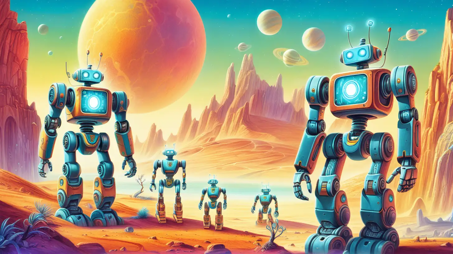 colorful scenery with robots on the fantasy planet, illustration for story book cover