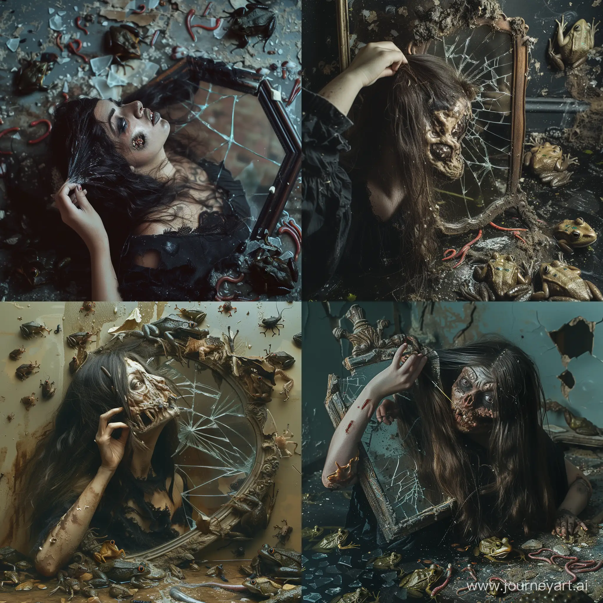 Creepy rotten face ugly woman brushing her hair against shattered mirror. Haunted room. there is frogs and worms around the room. The woman is wearing black ragged clothes. Cinematic shot. Realistic image.