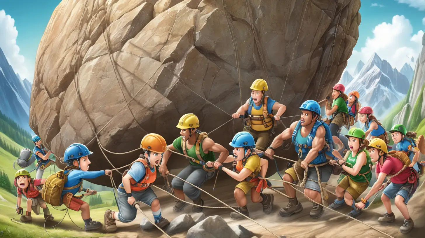 a big diverse team that is pulling a big rock uphill on a rope