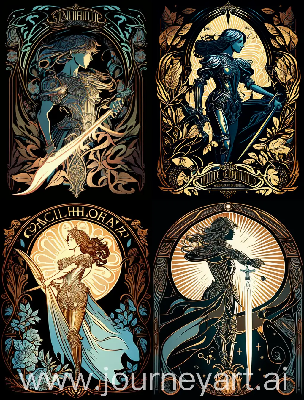 a knight, alphonso mucha, drawing in the style of art nouveau, wearing glowing steel armor, swords, rays of light, organic flowing lines, paper cut-outs, celestial, traditional, stenciled, simplified, hand drawn —ar 3:4 —stylize 250