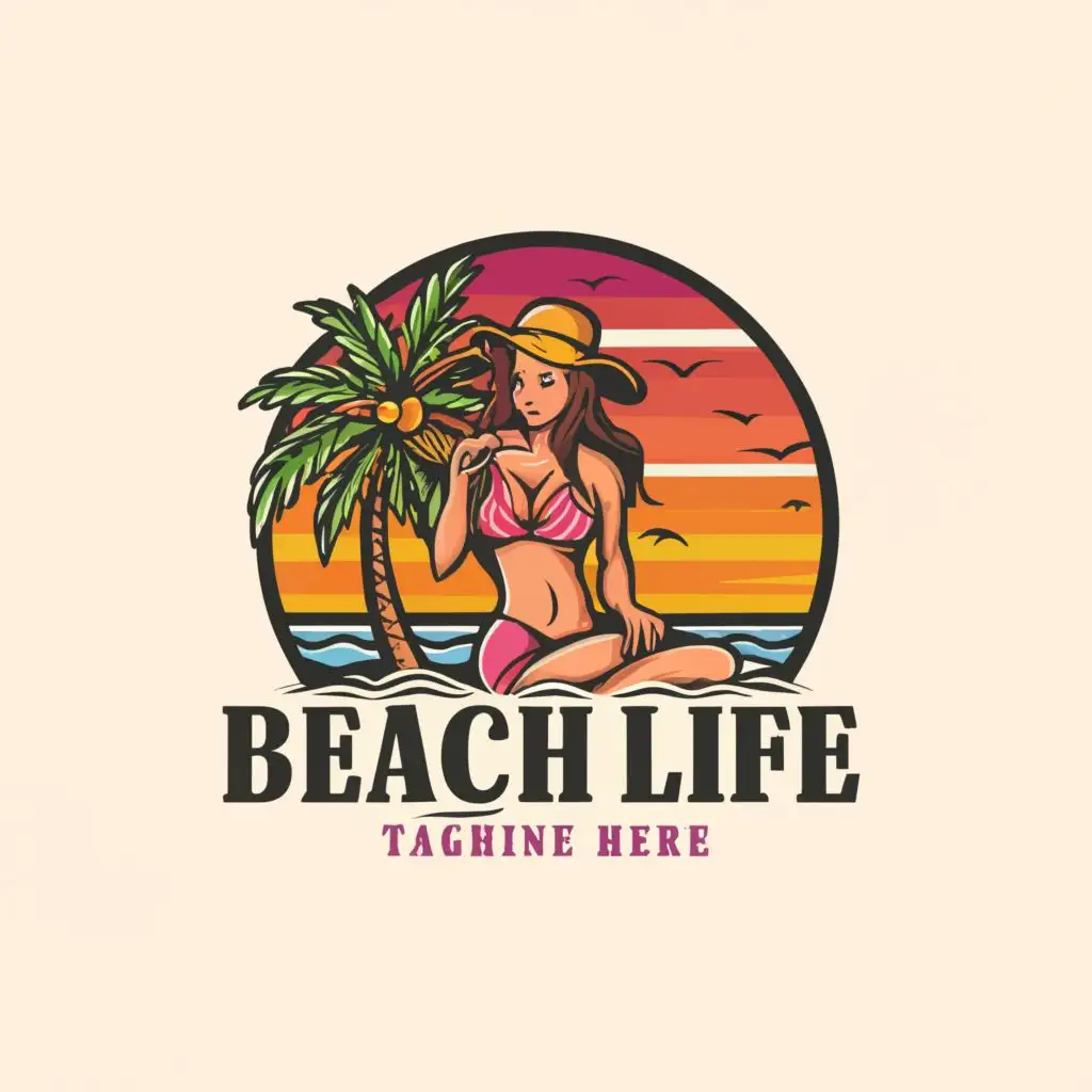 logo, logo vector, beautiful woman, Beach Life ,photorealistic,  with a sunhat lounging under a palm tree. design, colorful vintage style Contour, Vector, White Background, highly Detailed, sharp outlined image, no jagged edges, vibrant colors, typography, with the text ".", typography