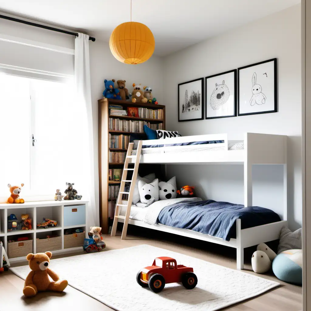 Little boys bedroom, calming, cosy, bright and airy, horizontal picture on wall, 4:3 picture frame white, few toys on floor, reading nook, cosy bed spread with pillows on bed —chaos 50, whole room view, bookshelf