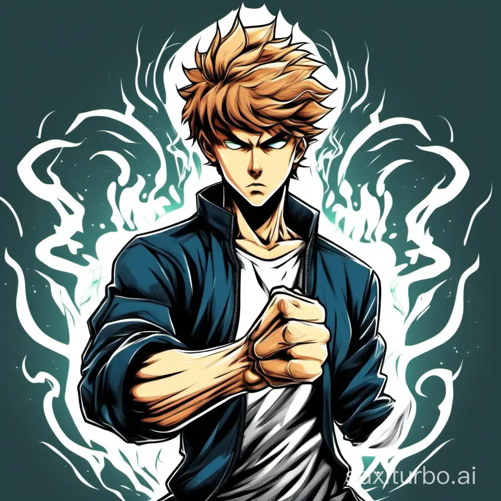 create an image of a young high school student named Alex in a combat stance his fists close around an occult energy overflowing from his hands he has smooth hazelnut hair and his complexion is white