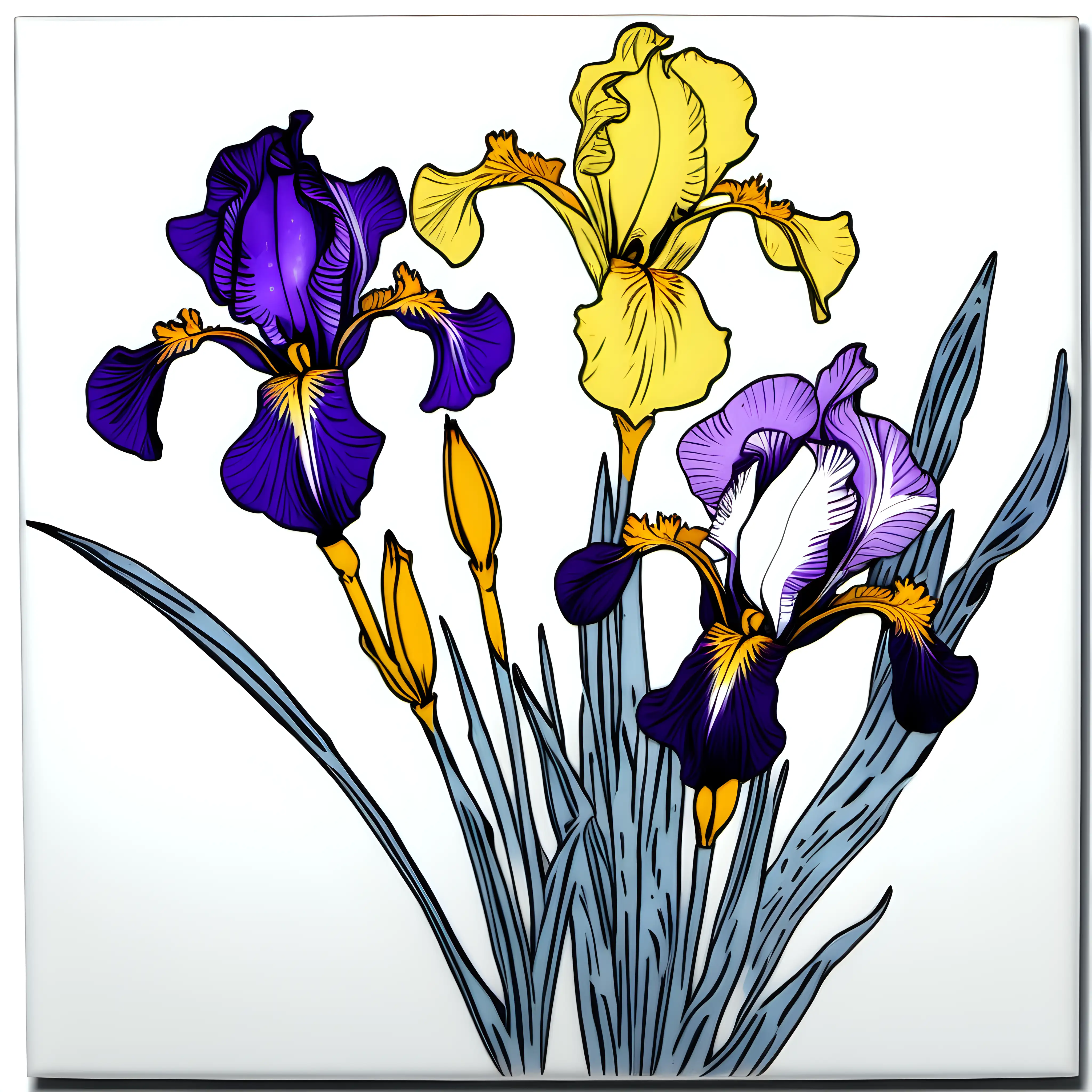 /imagine prompt pastel watercolor Japanese Iris  , washed out color,white leaves with purple veins, yellow, purple clipart on a white background andy warhol inspired --tile