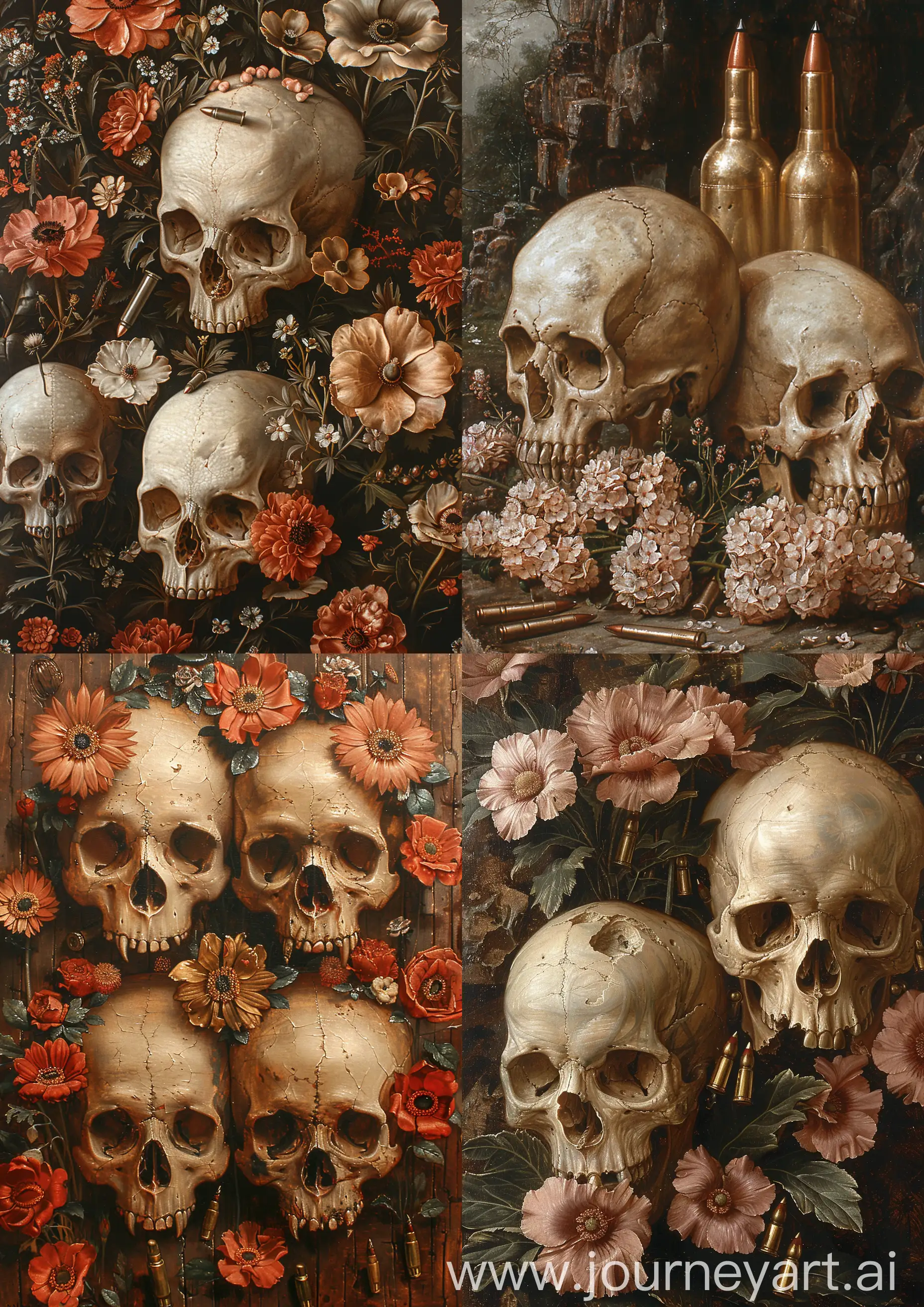 Edward-BurneJones-Skulls-Flowers-and-Bullets-Earth-Tones-Painting