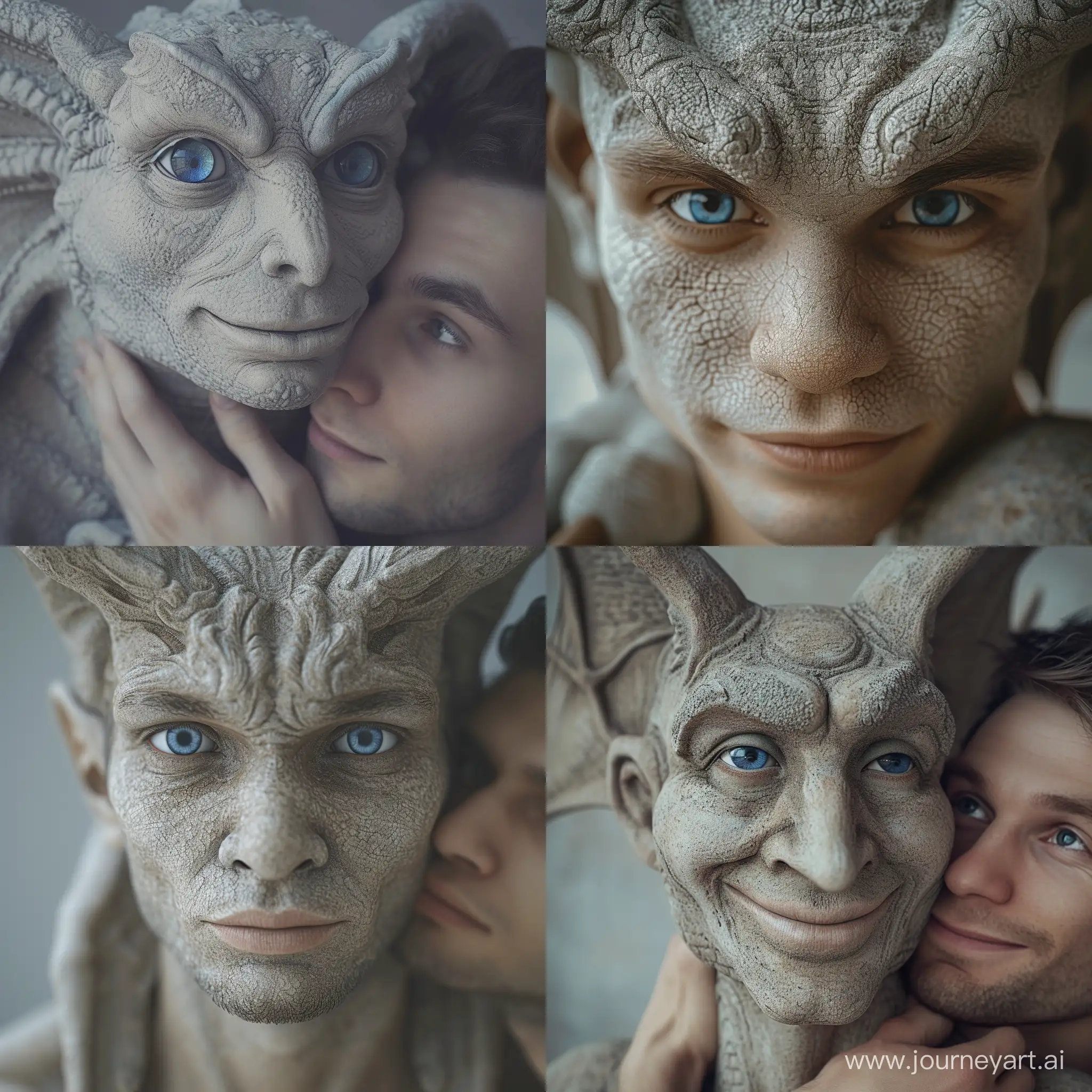 Enchanting-Love-HyperRealistic-Gargoyle-and-Man-Embrace-in-Surreal-Bliss