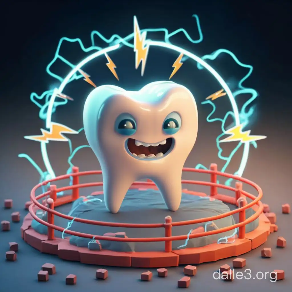 cute tooth character stands in the ring, lightning around him, a syringe next to him, bright colorful image, 3D render