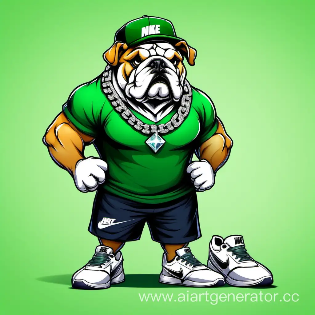 Stylish-Bulldog-Wearing-Diamond-Chain-Green-Hat-Tshirt-and-Nike-Shoes