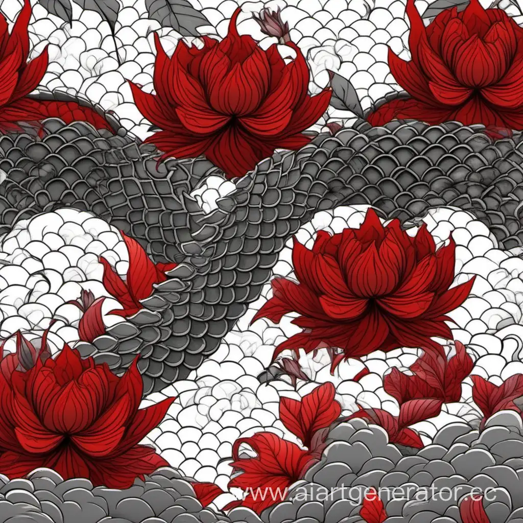 Elegant-Gray-and-Red-Dragon-Scale-Flowers-on-White-Background