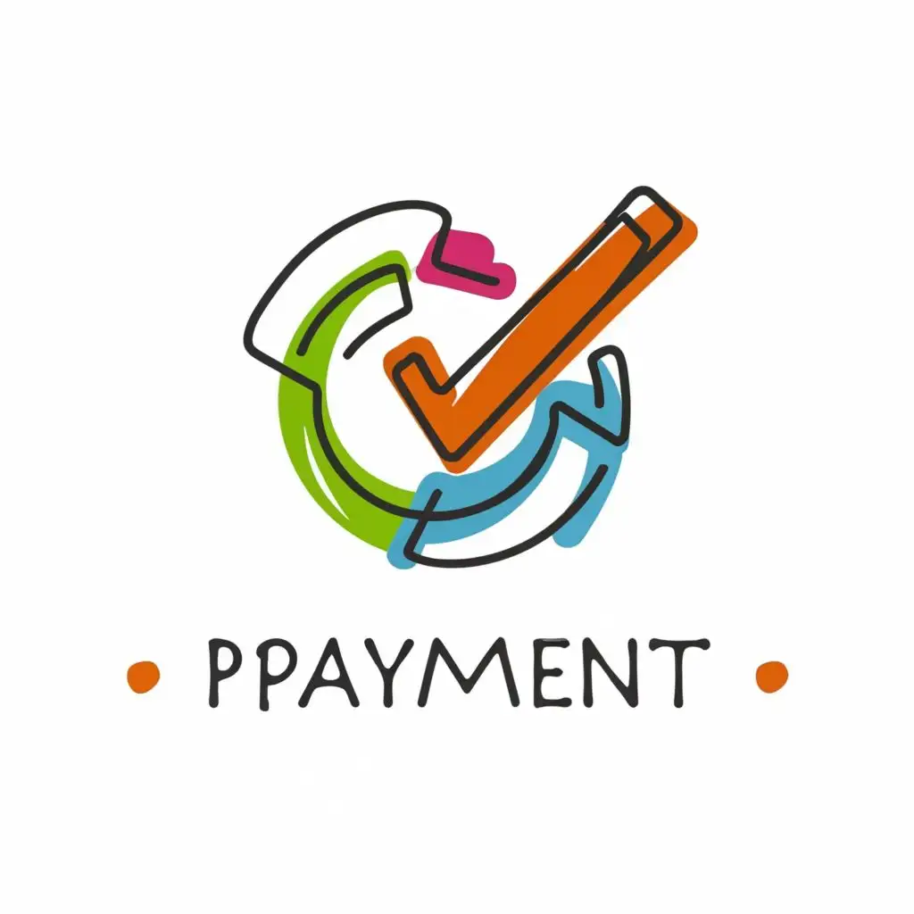 logo, checkmark electronic spiral felt tip drawn minimalistic colorful white background, with the text "payment", typography, be used in Events industry