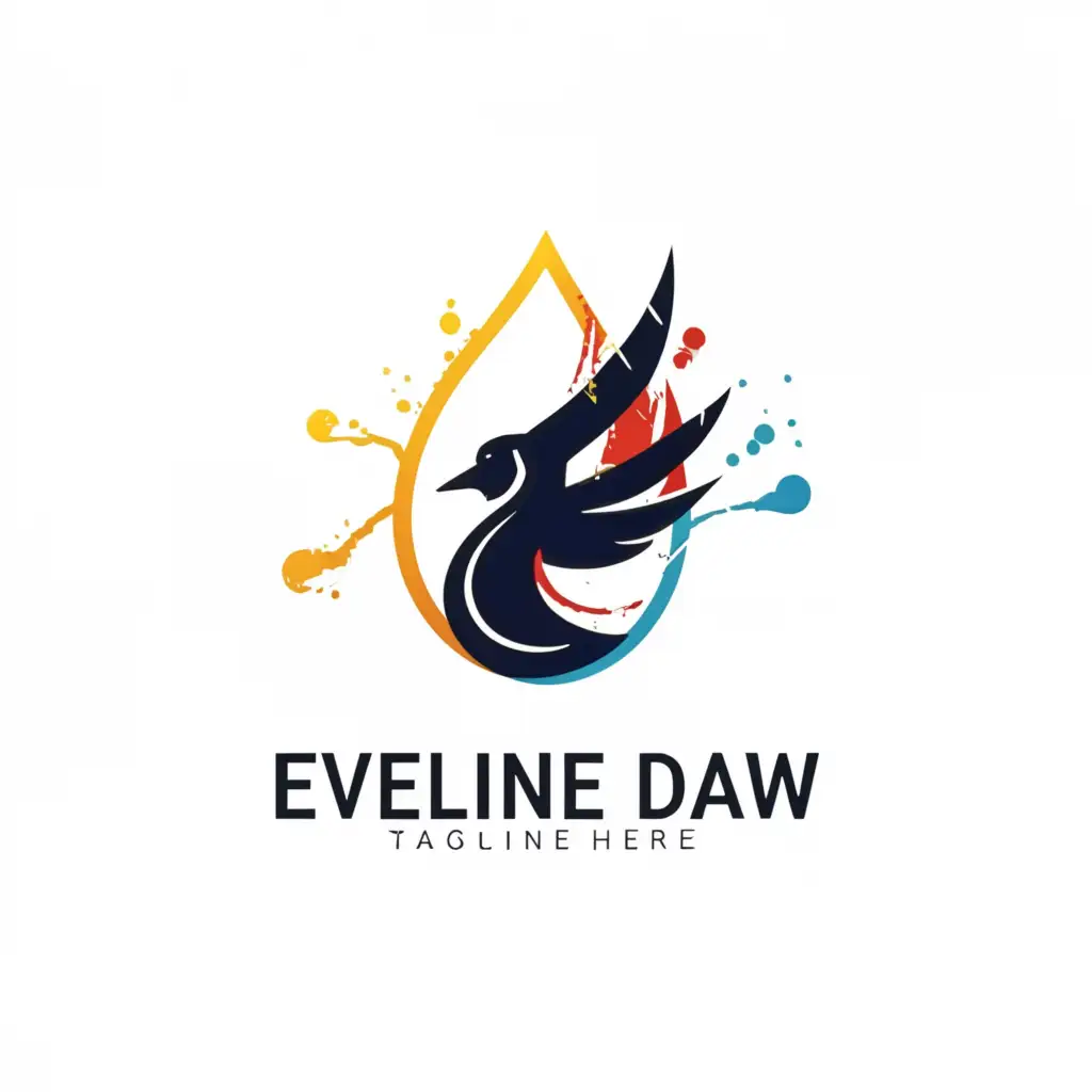 a logo design,with the text "Eveline Daw", main symbol:white crow head inside water droplet as tricolored ink brush strokes,Moderate,be used in Entertainment industry,clear background