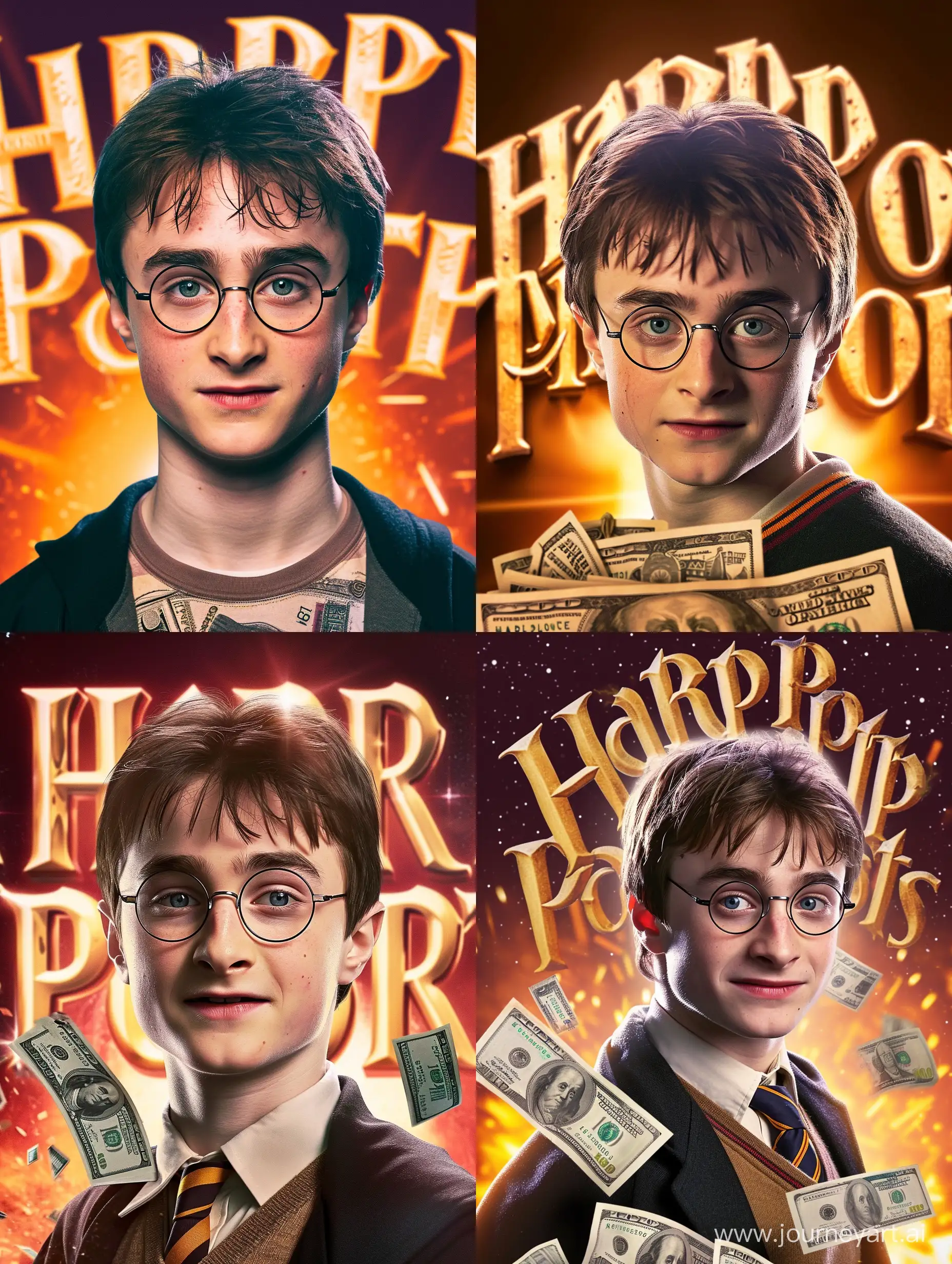яркая картинка с персонажем Гарри Поттер, много денег, фон большие буквы "Гарри Поттер"