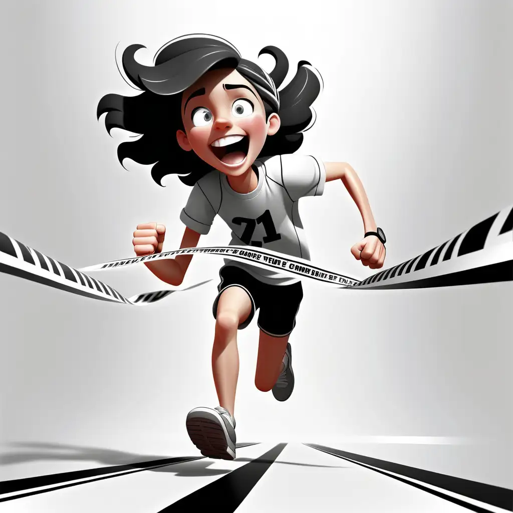 black and white, [happy teen crossing a finish line, breaking tape], simple, white background, cartoon like