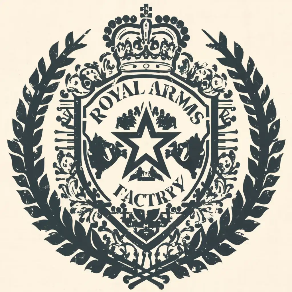 logo, crown,circle,stamp,star, with the text "Royal Arms Factory", typography