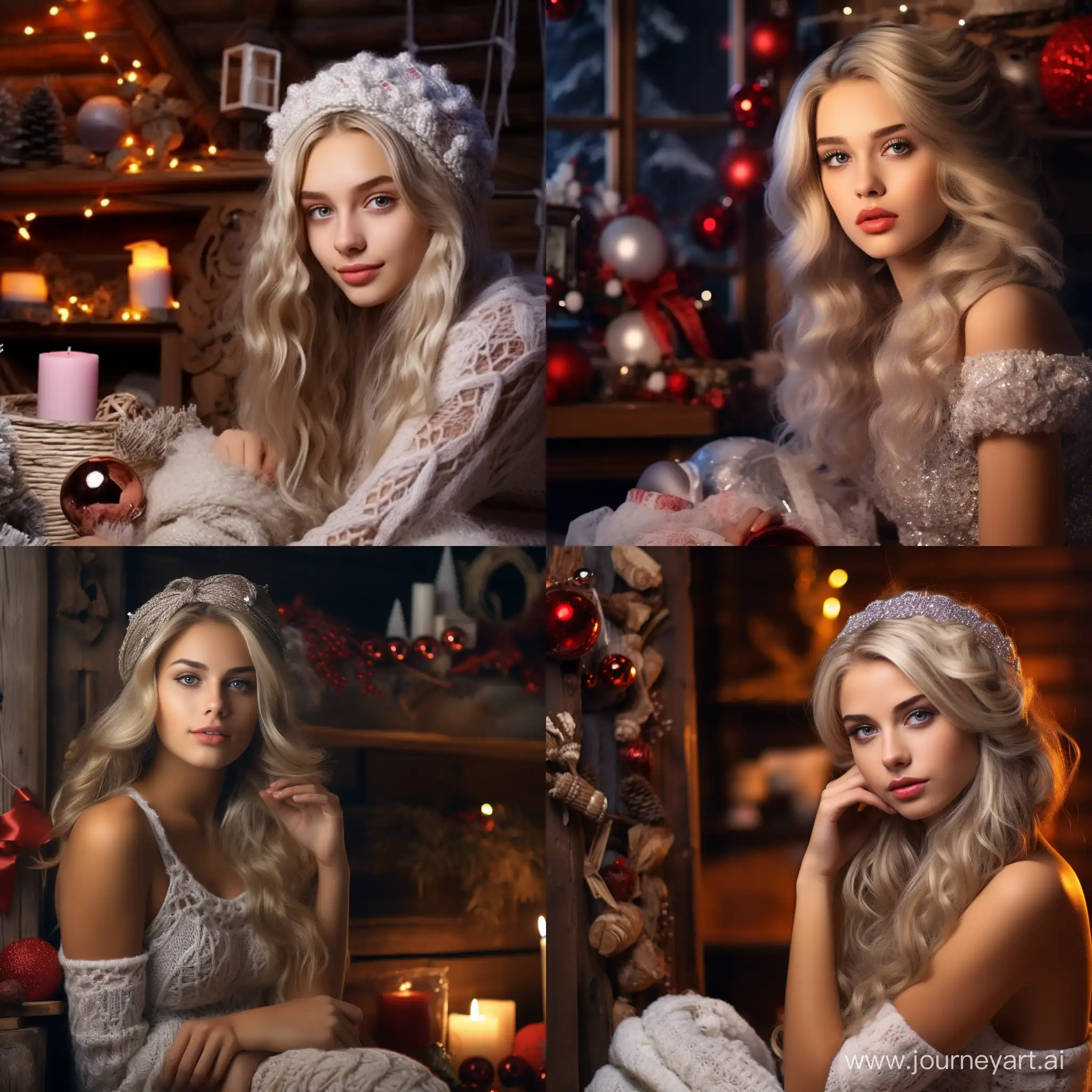 Cozy-Log-House-with-New-Year-Decorations-and-Delightful-Girl-in-Filigree-Fine-Jewelry