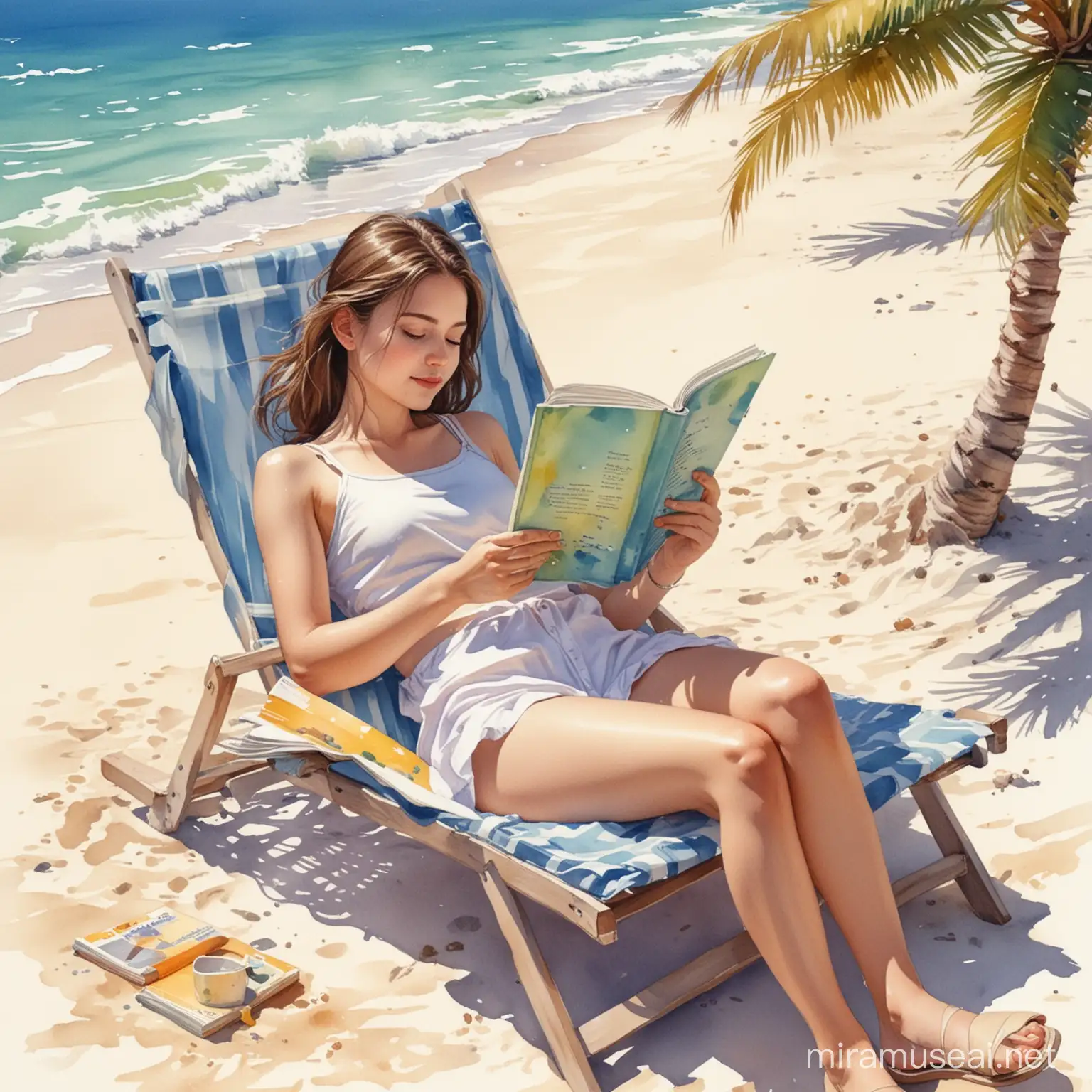 Girl sleeping on beach chair in center holding book in both hands, reading book, watercolor paint format, sunny beach setting, detailed facial features, high quality, watercolor painting style, detailed book cover, book in center 