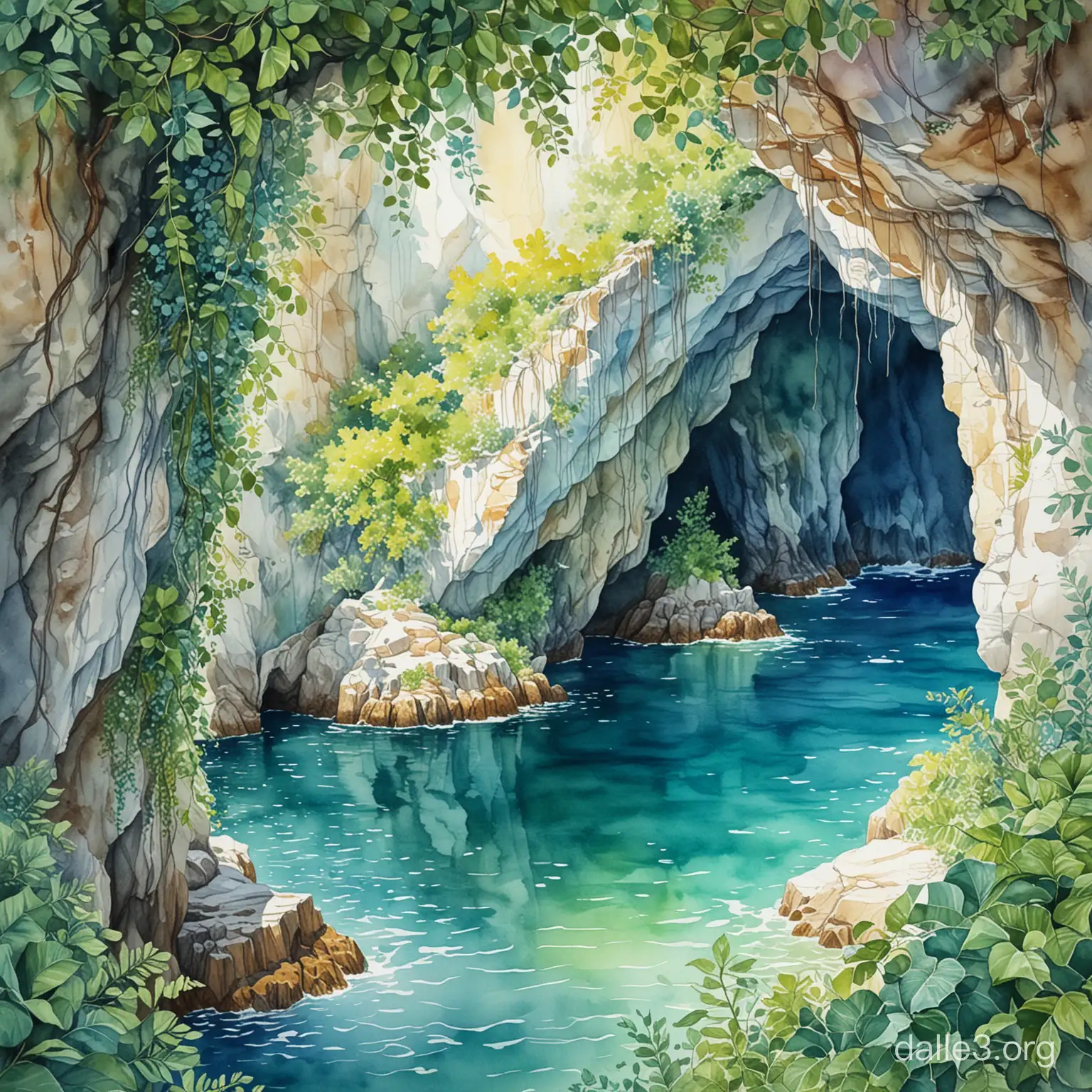 sea grotto in the rock, tropical vines, watercolor drawing, subtle drawing, bright colors, green, azure, sea color. 