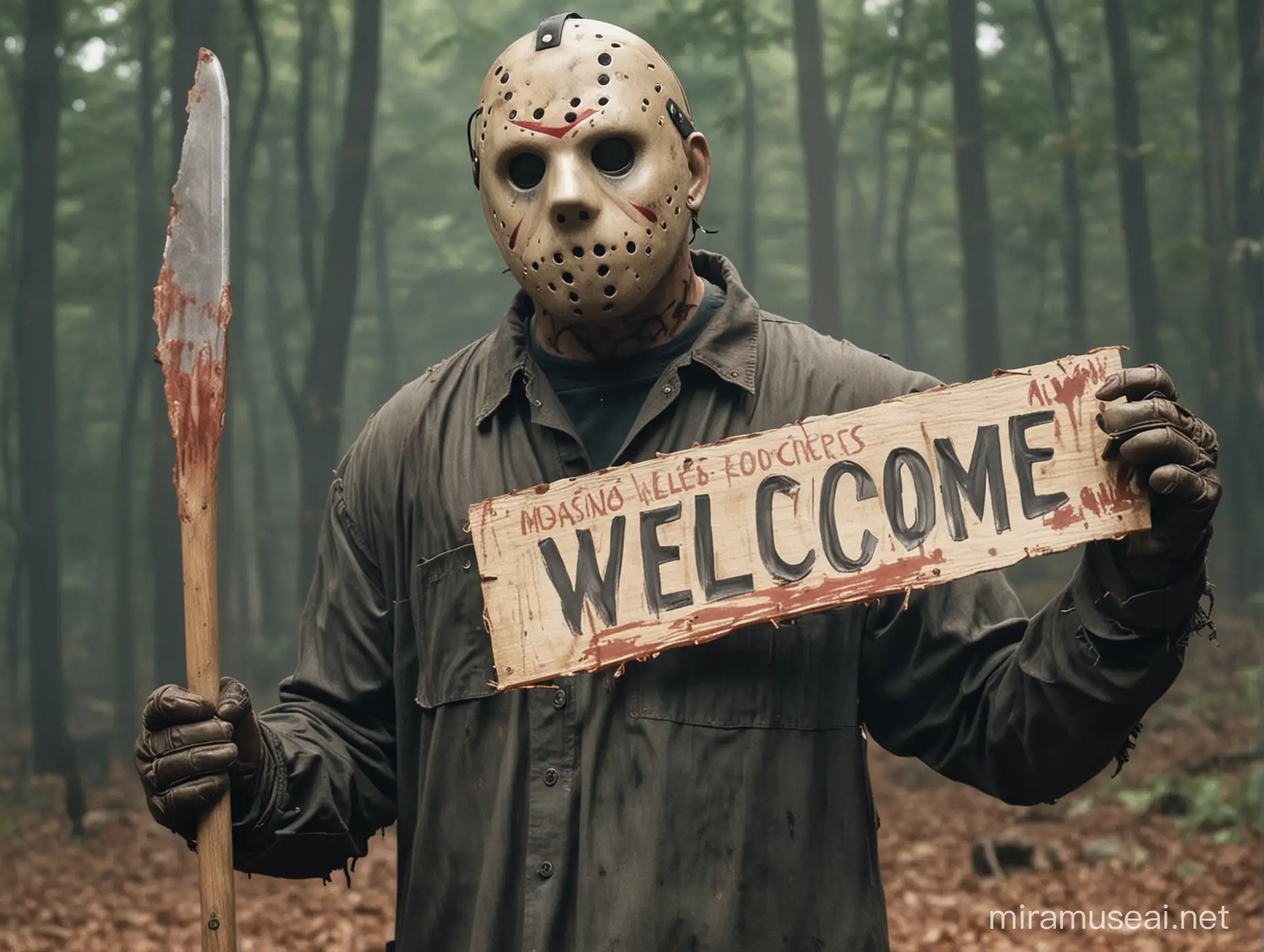 Jason Voorhees Holding a Comically Oversized Welcome Sign